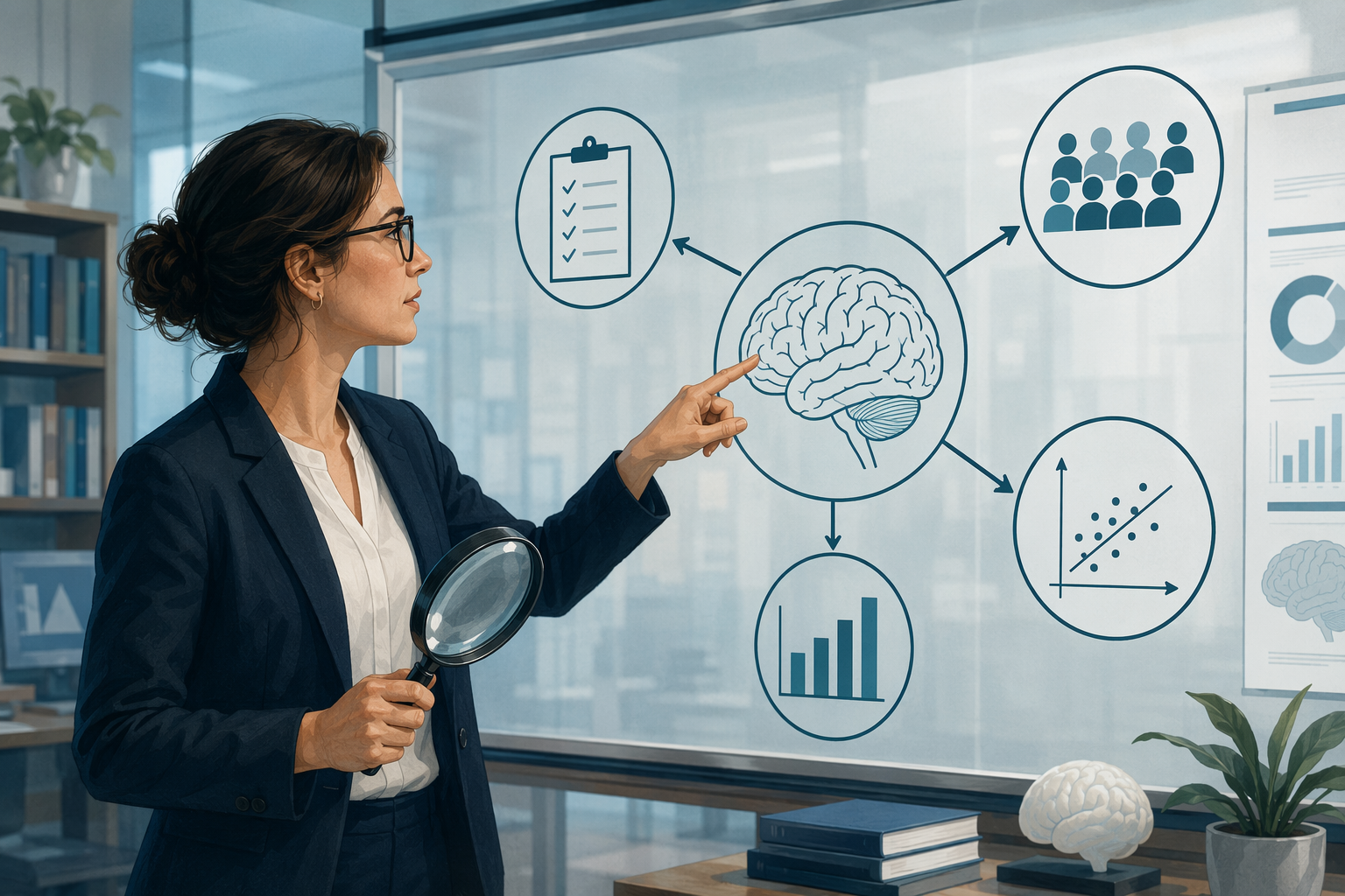 Researcher pointing to a study evaluation framework with study design, sample size, and variables