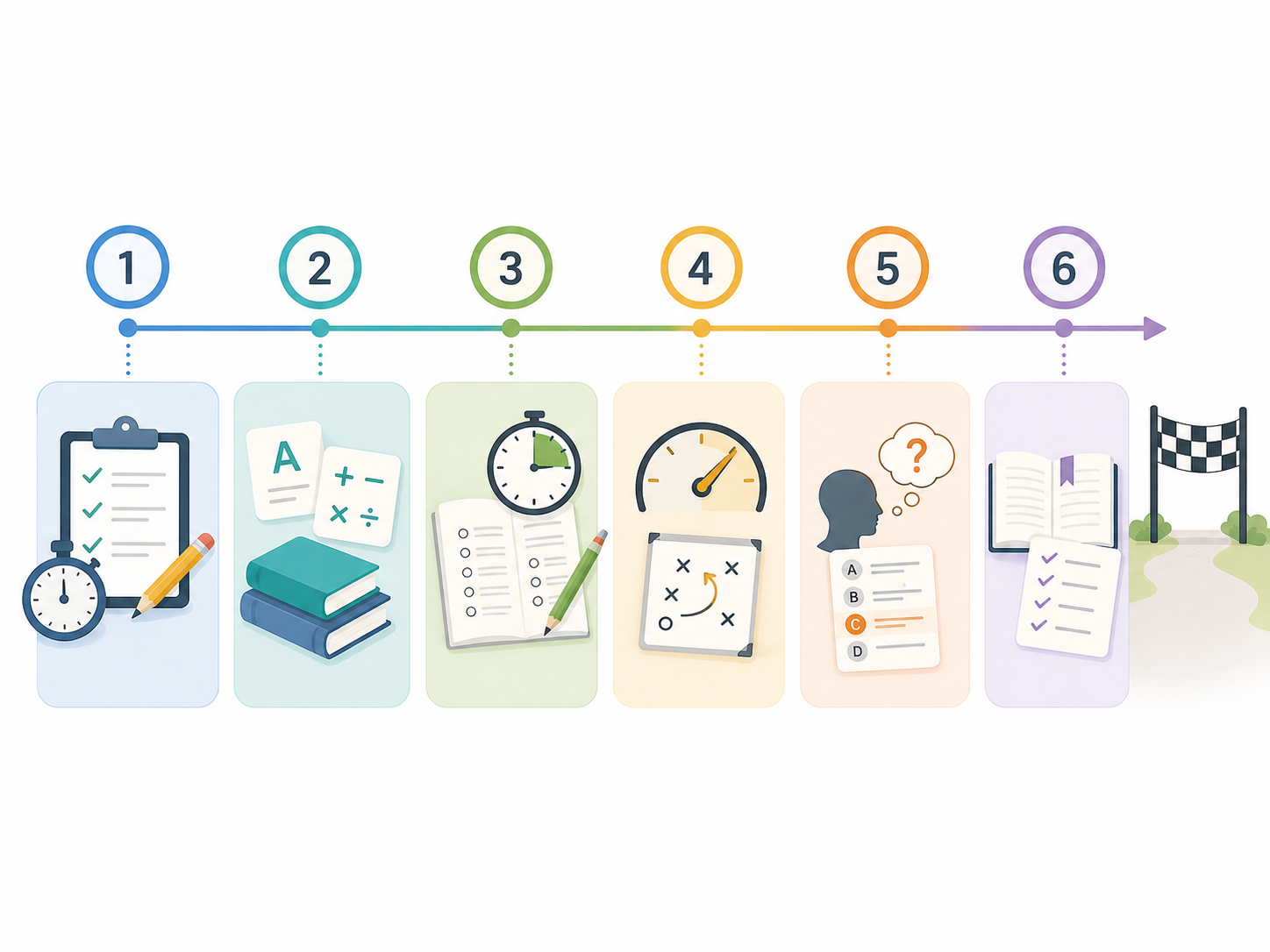 Six-month exam preparation timeline from diagnostic test through foundations, timed practice, strategy rehearsal, and final prep