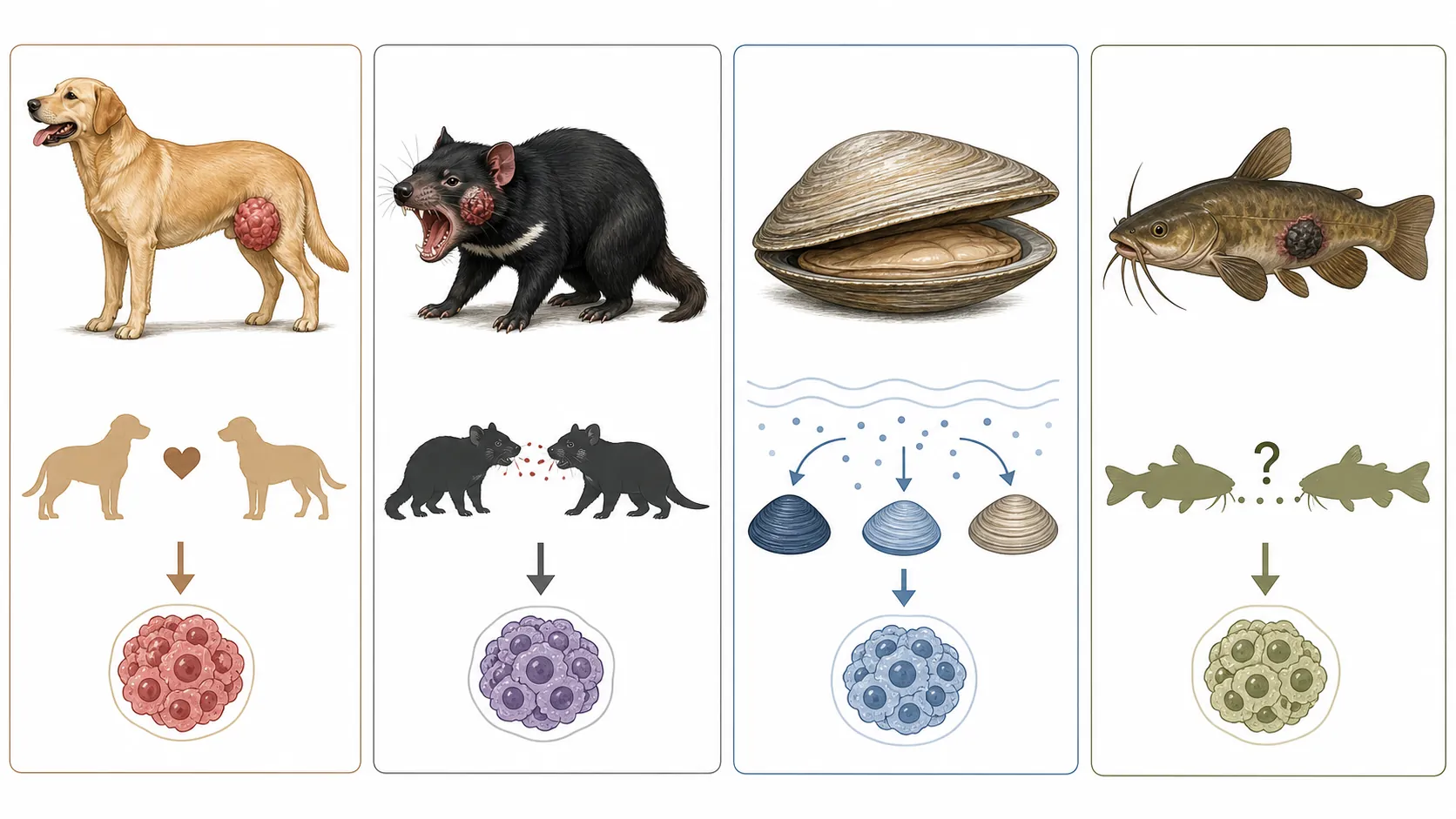 Comparison infographic showing a dog, Tasmanian devil, clam shell, and catfish representing the four transmissible cancer anchors