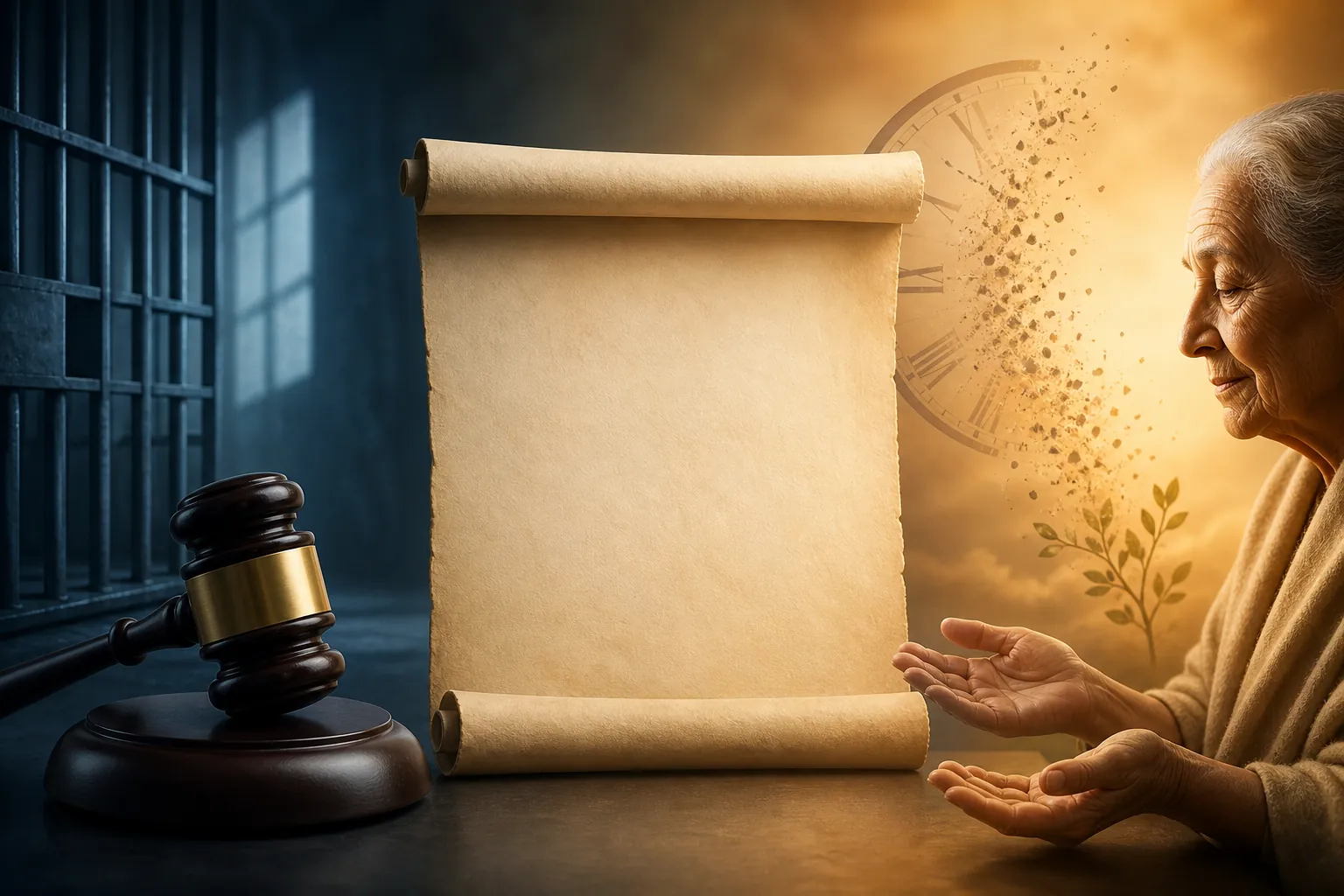 Editorial comparison of retributive justice and evolving standards of decency with a blank essay scroll between them