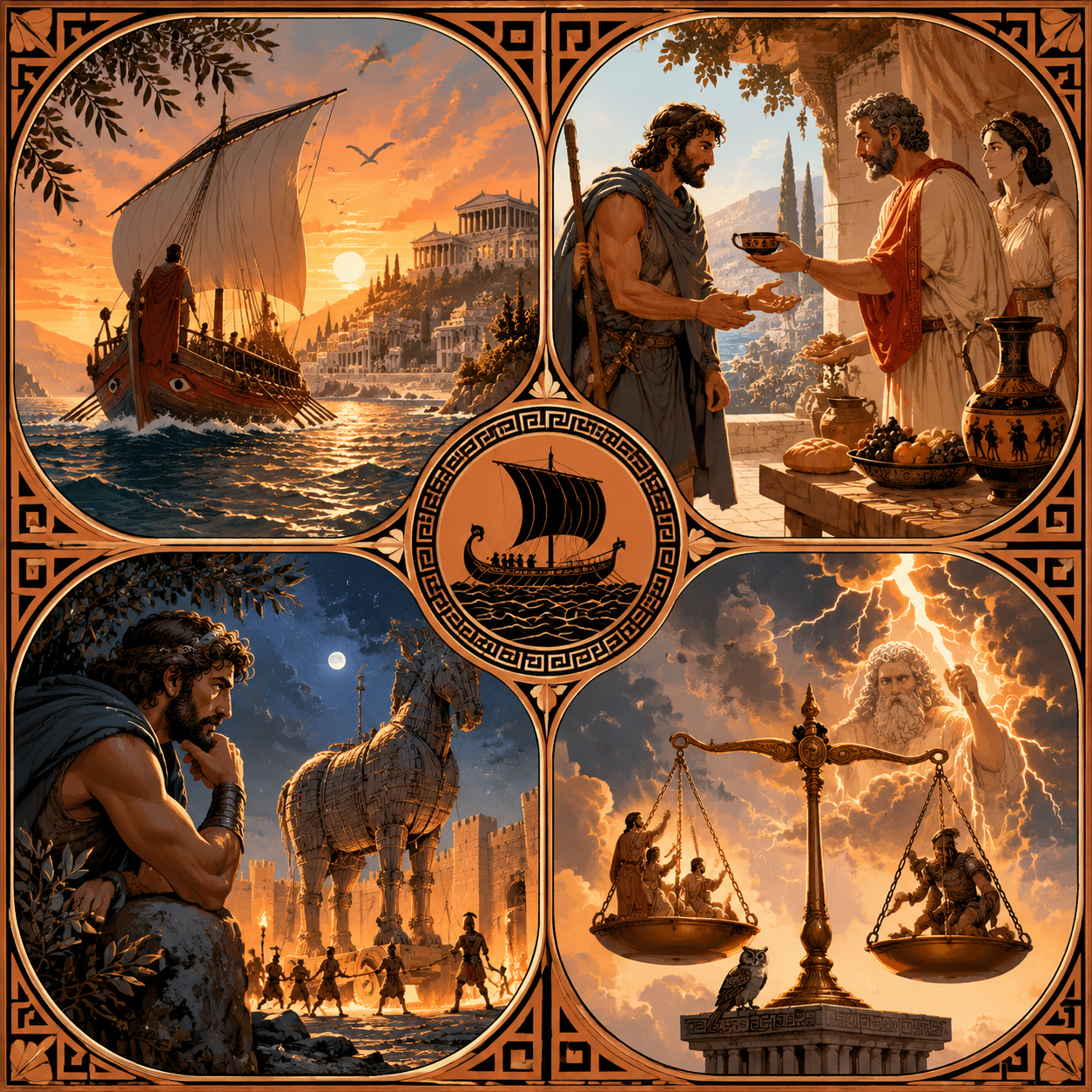 Four panels representing homecoming, hospitality, strategic cunning, and divine justice in The Odyssey