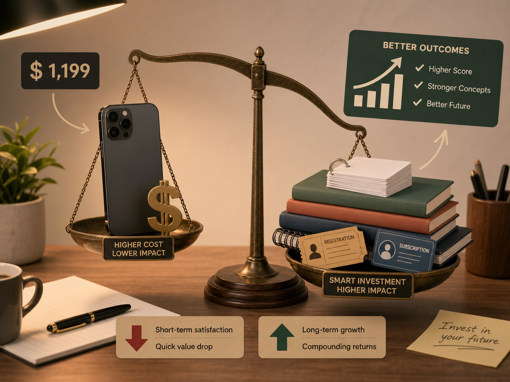 Balance scale comparing a premium iPhone with study materials, registration, and subscription costs