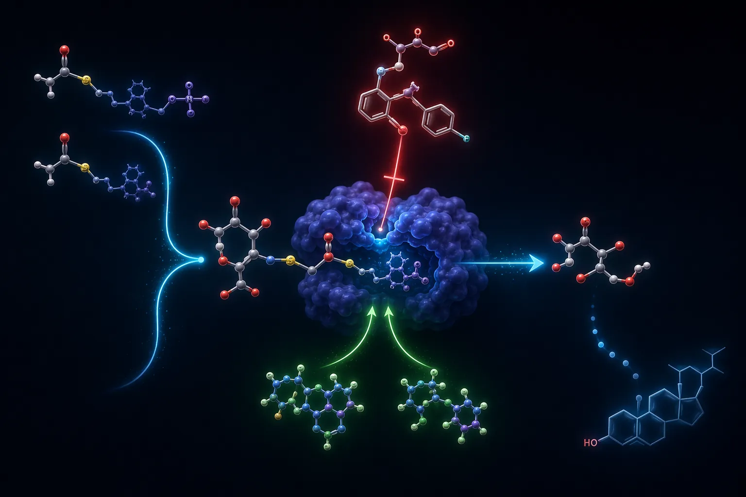Biochemical pathway showing acetyl-CoA flowing through HMG-CoA to mevalonate via HMG-CoA reductase, with statin inhibition and two NADPH molecules