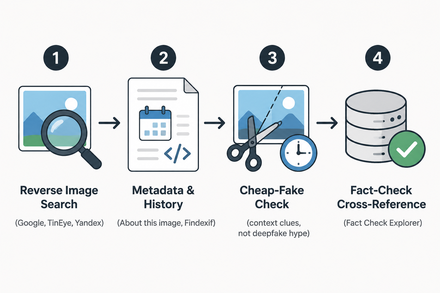 Four-step workflow diagram for checking a photo online.