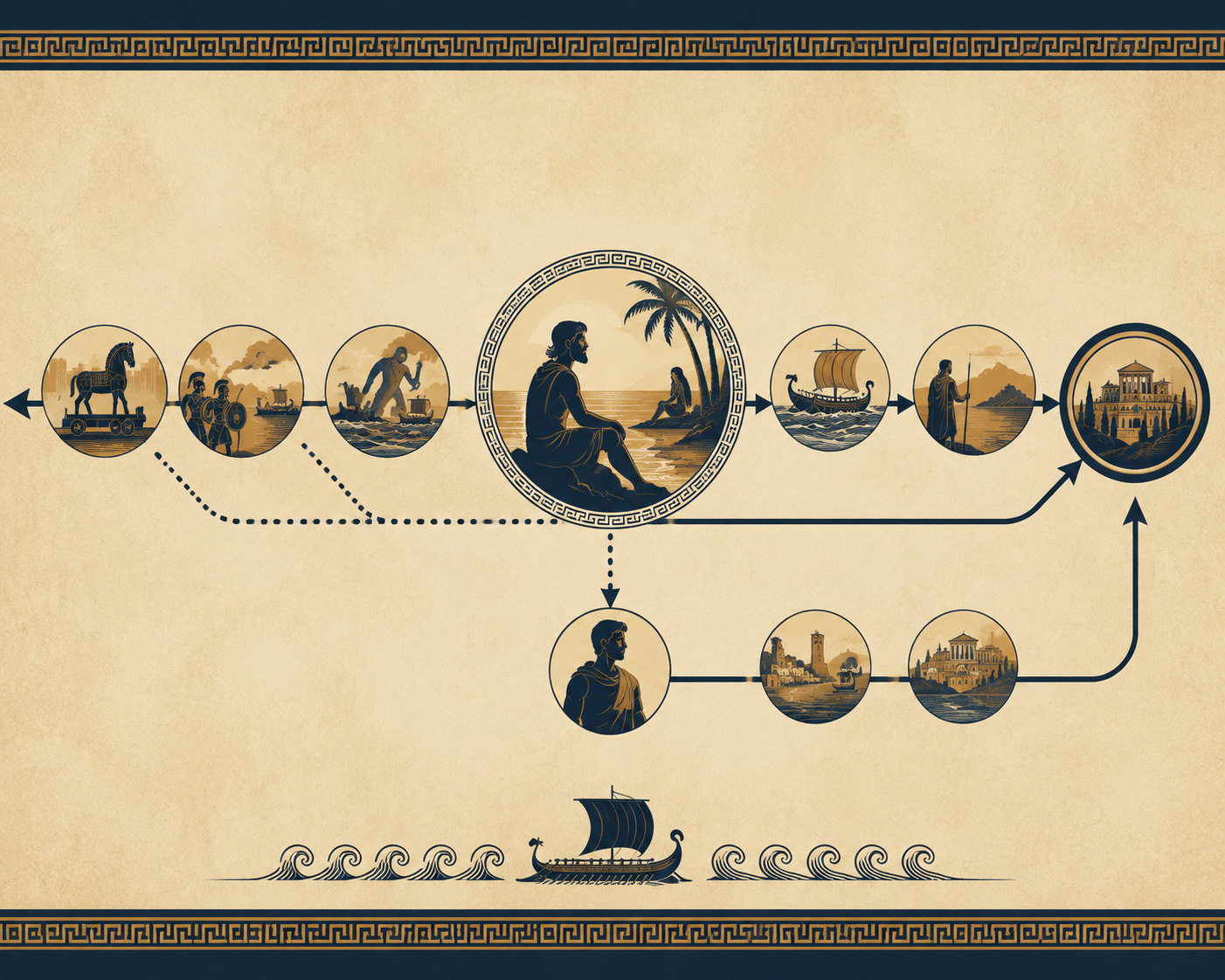 Timeline showing The Odyssey beginning with Odysseus on Calypso's island, flashing back to Troy, and converging with Telemachus's journey at Ithaca