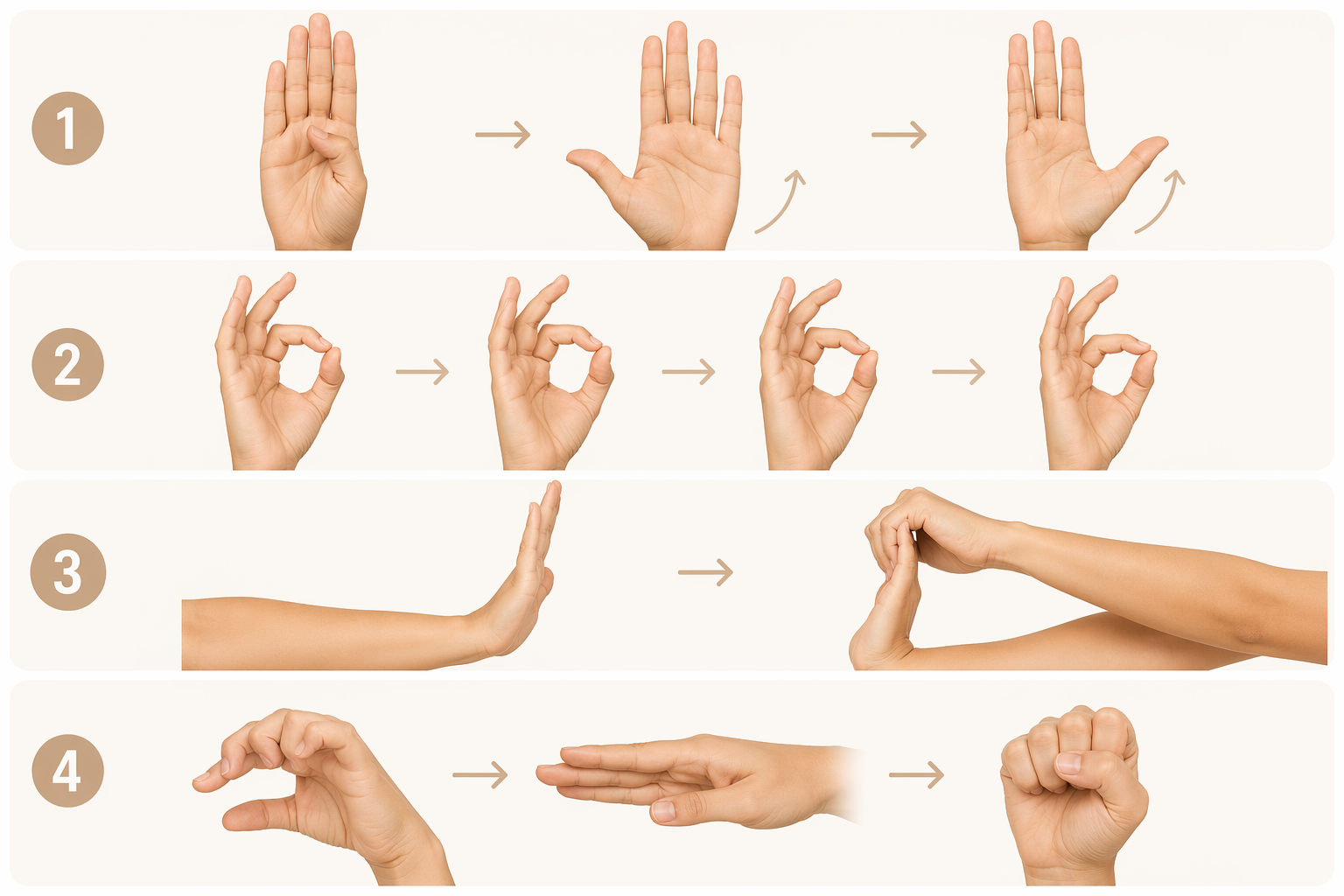 Four hand exercises for thumb and wrist mobility shown in sequence