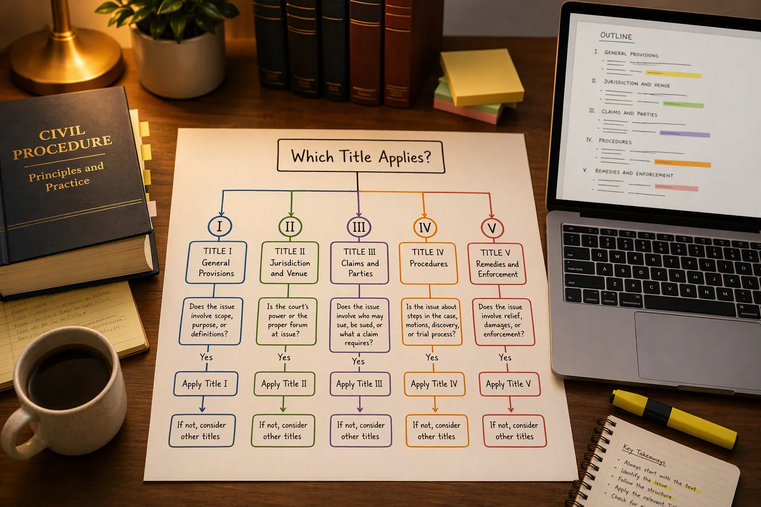 Law student's desk with a five-branch ADA decision-tree flowchart