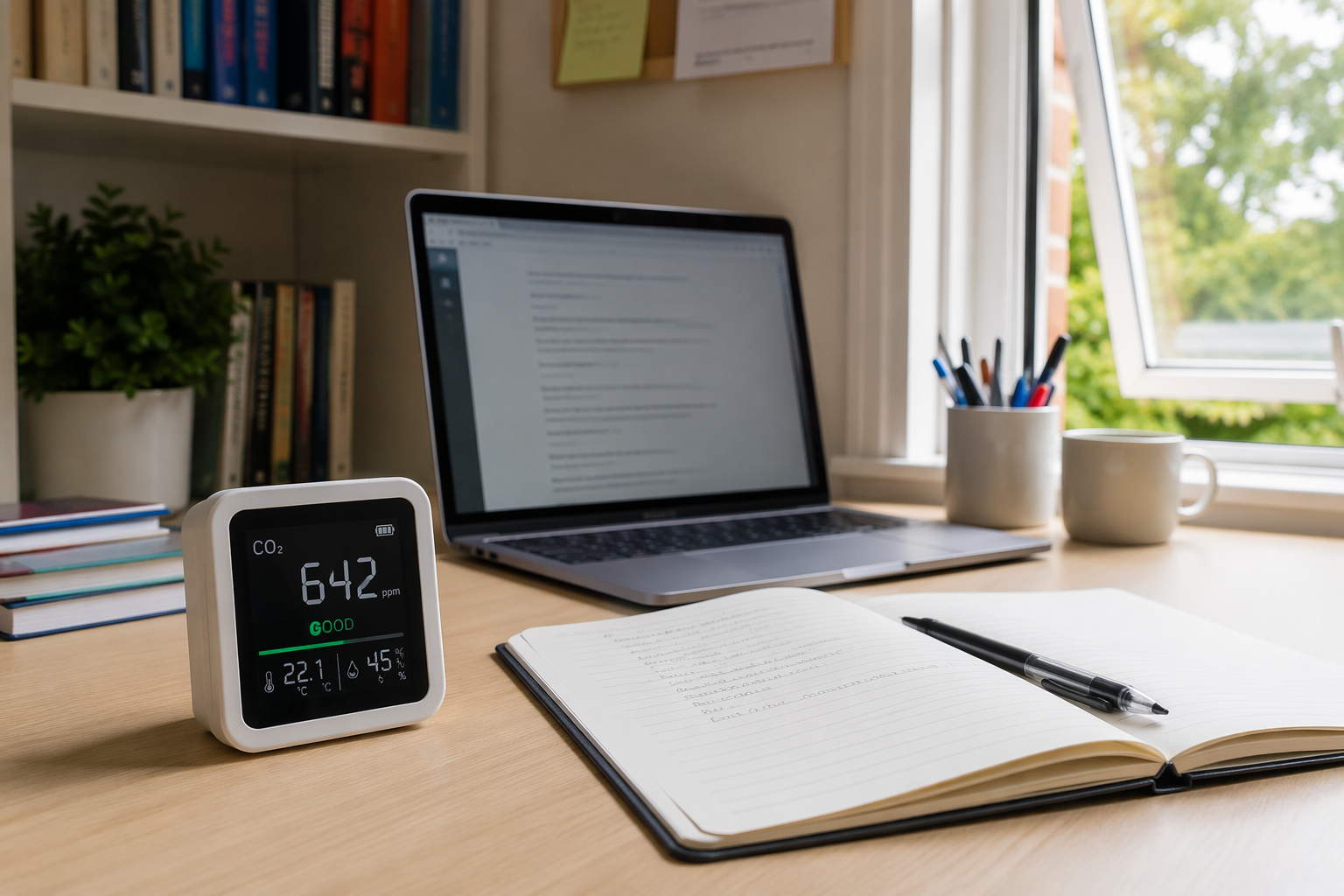 Home desk with a CO2 monitor beside an open notebook, laptop, and window for a remote exam setup