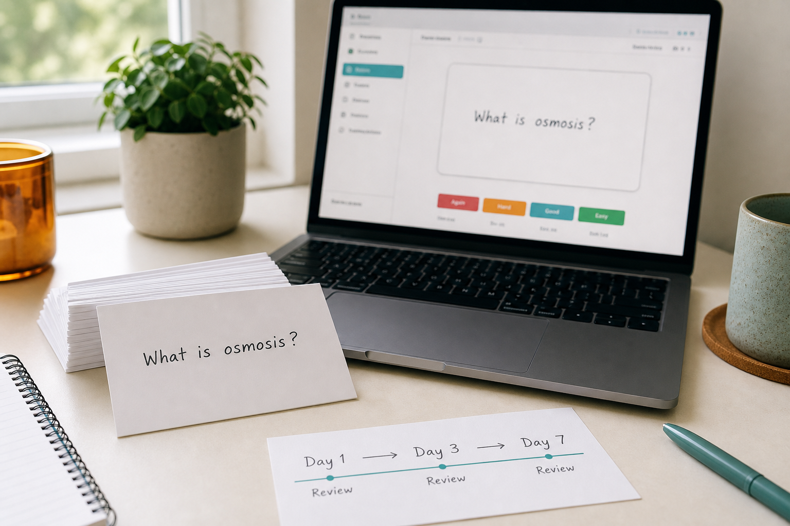 A neat stack of index cards next to a laptop showing a blurred flashcard app, with a handwritten 'What is osmosis?' card on top and a Day 1 → Day 3 → Day 7 spaced repetition timeline sketched nearby.