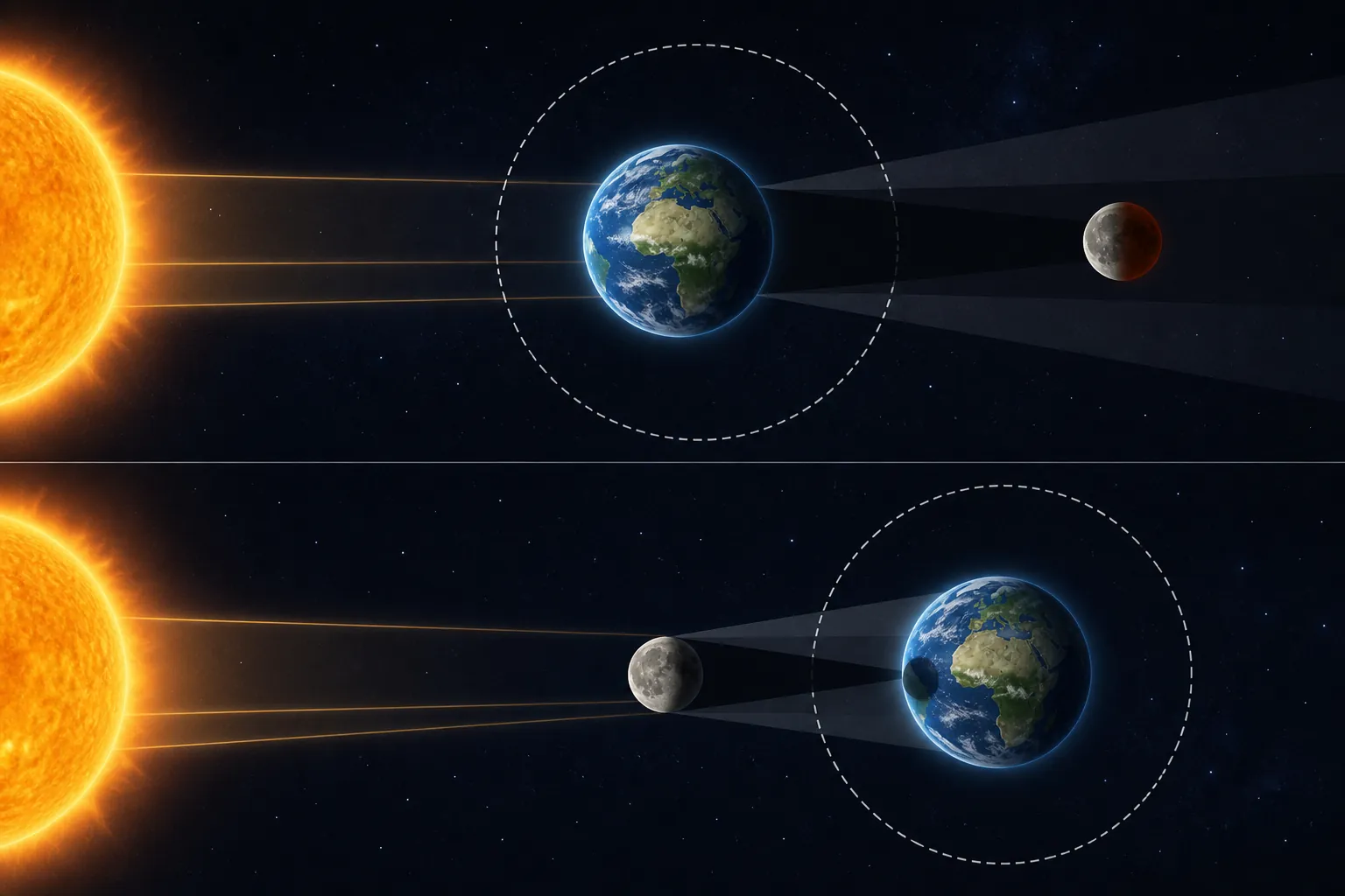 Side-by-side diagram comparing lunar eclipse and solar eclipse alignments