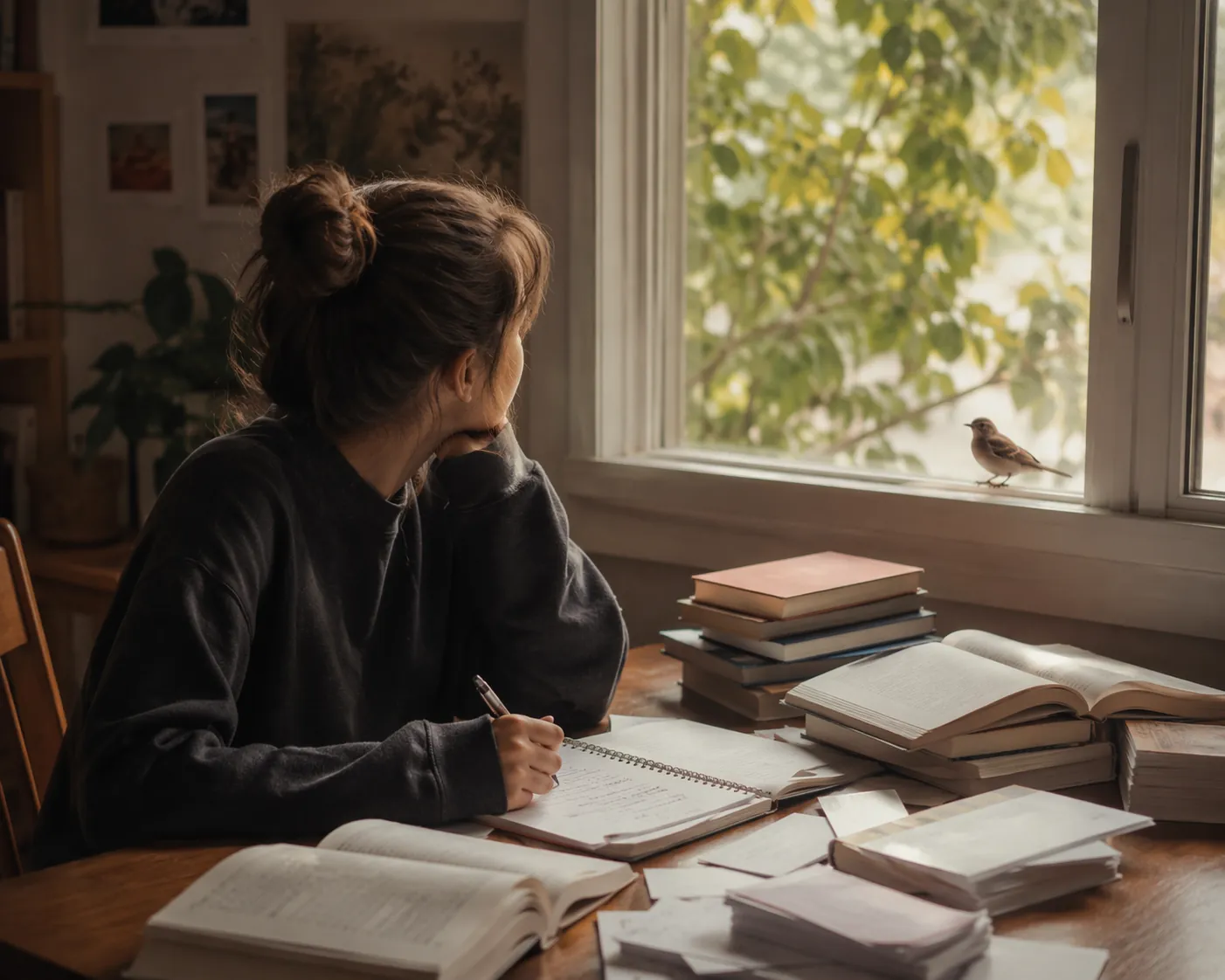 Student studying beside an open window with a bird on the sill