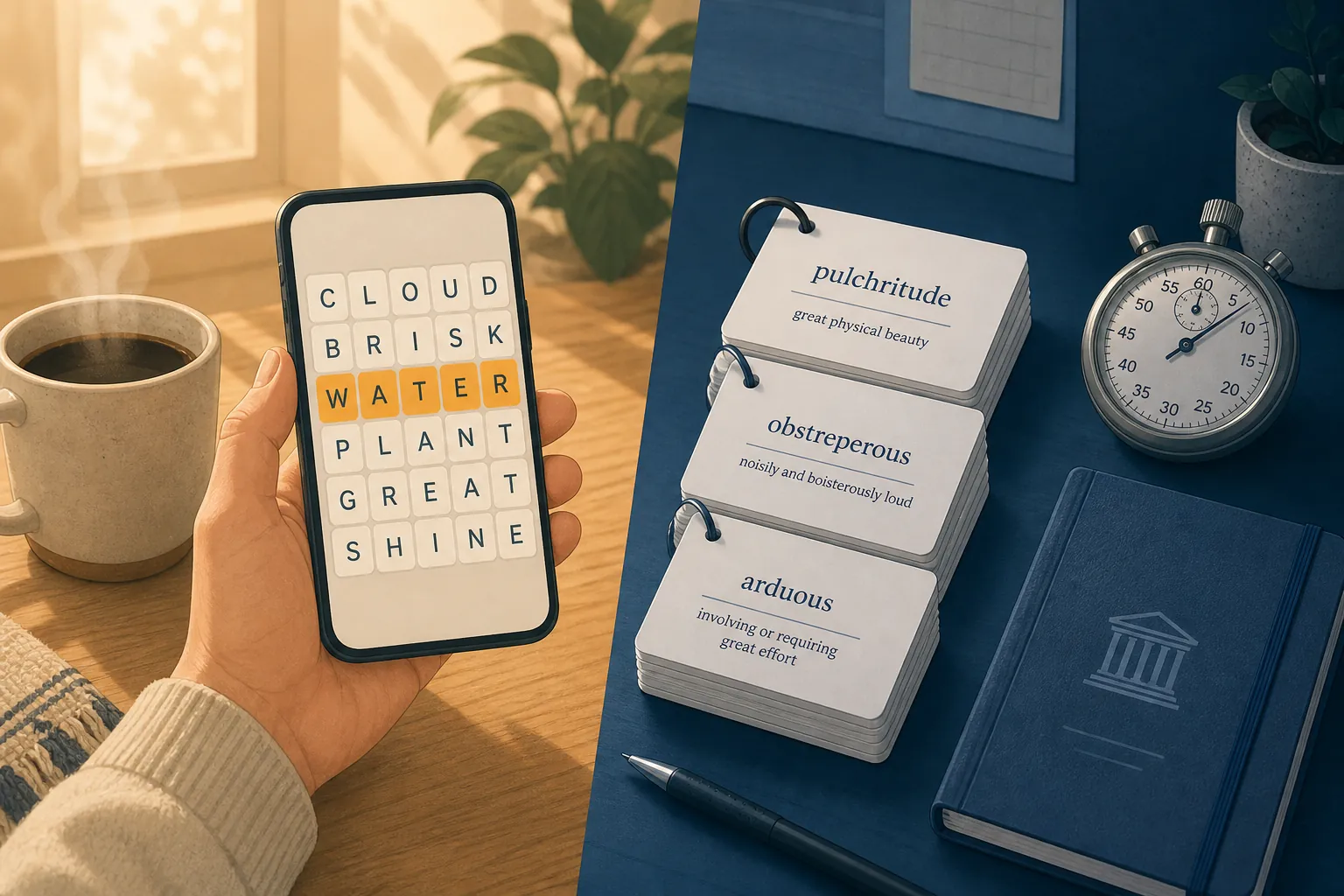 A smartphone word grid beside coffee contrasted with flashcards, stopwatch, and an exam-prep notebook