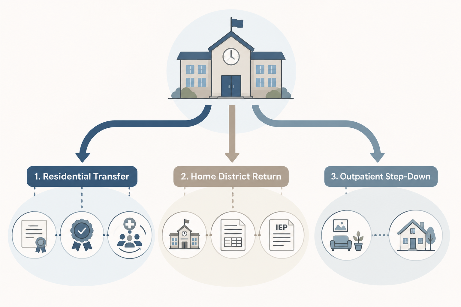 Infographic showing three student placement pathways: residential transfer, home district return, and outpatient step-down