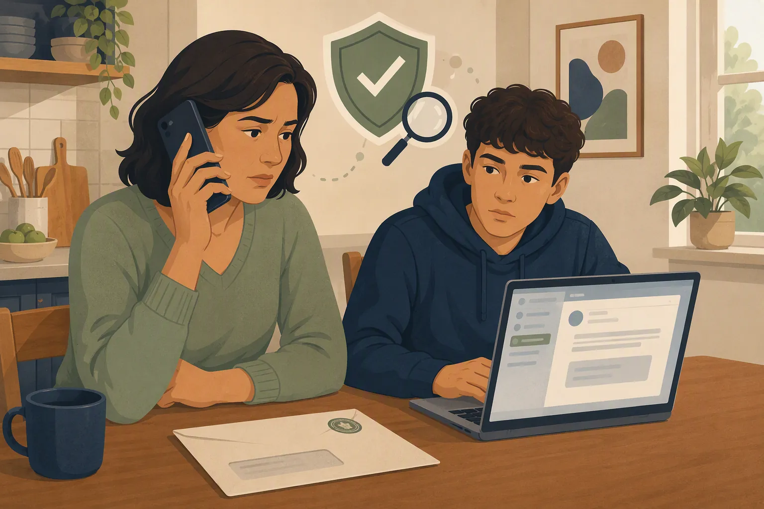 Parent on the phone at a kitchen table while a teenager checks an official-looking email on a laptop