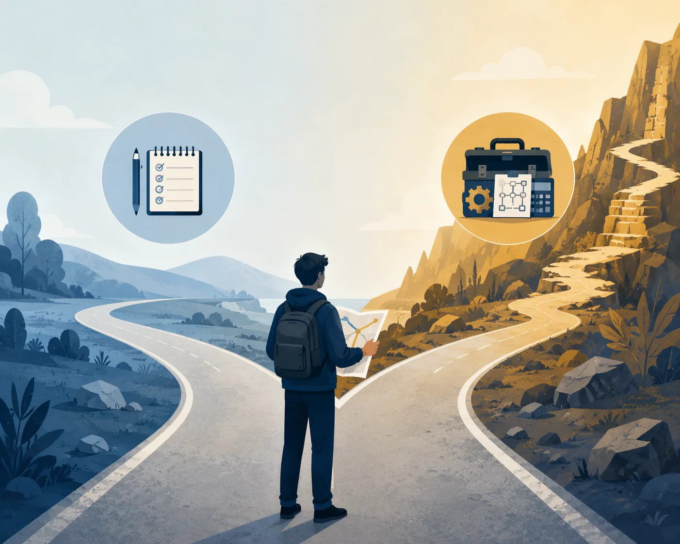 Student choosing between an efficient study tool route and a heavy-duty complex reasoning route