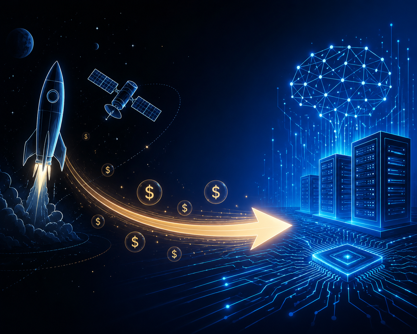 A visual transition from rocket and satellite icons to AI infrastructure symbols and valuation bubbles