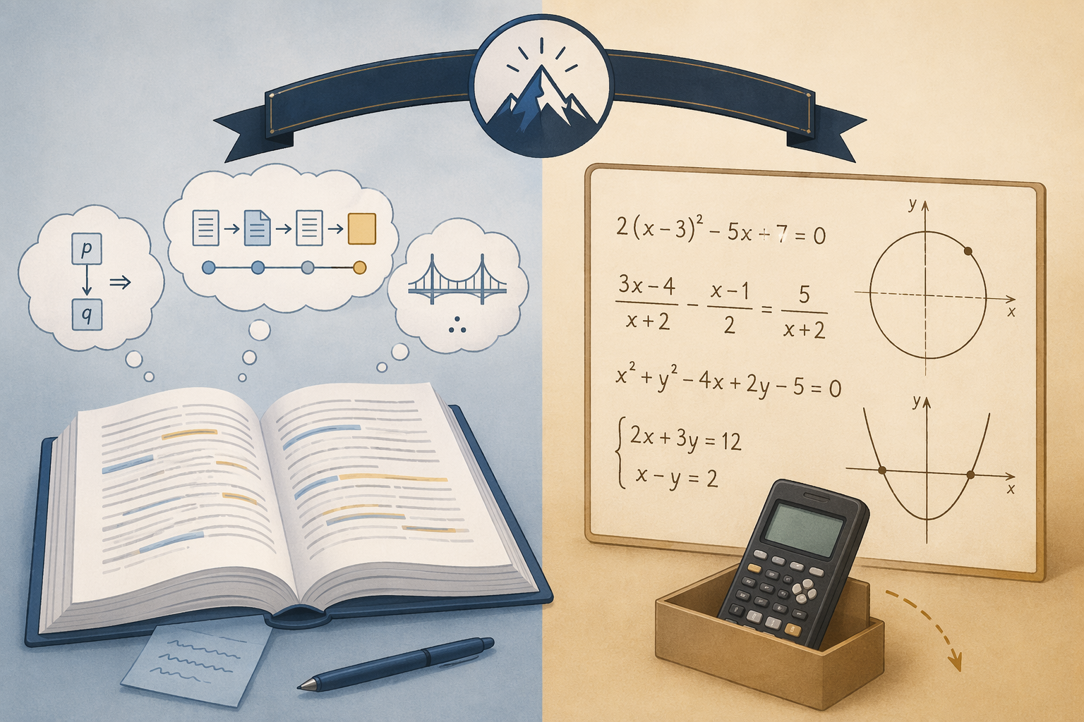 Split illustration of SAT Reading logic questions and SAT Math conceptual algebra with a calculator off to the side
