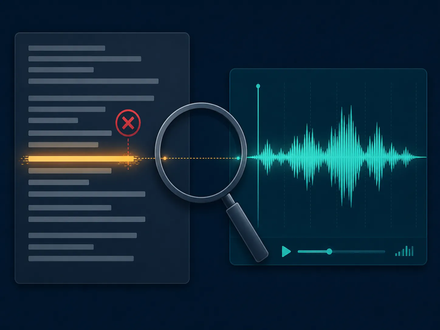 Magnifying glass compares a highlighted transcript error against the original audio waveform