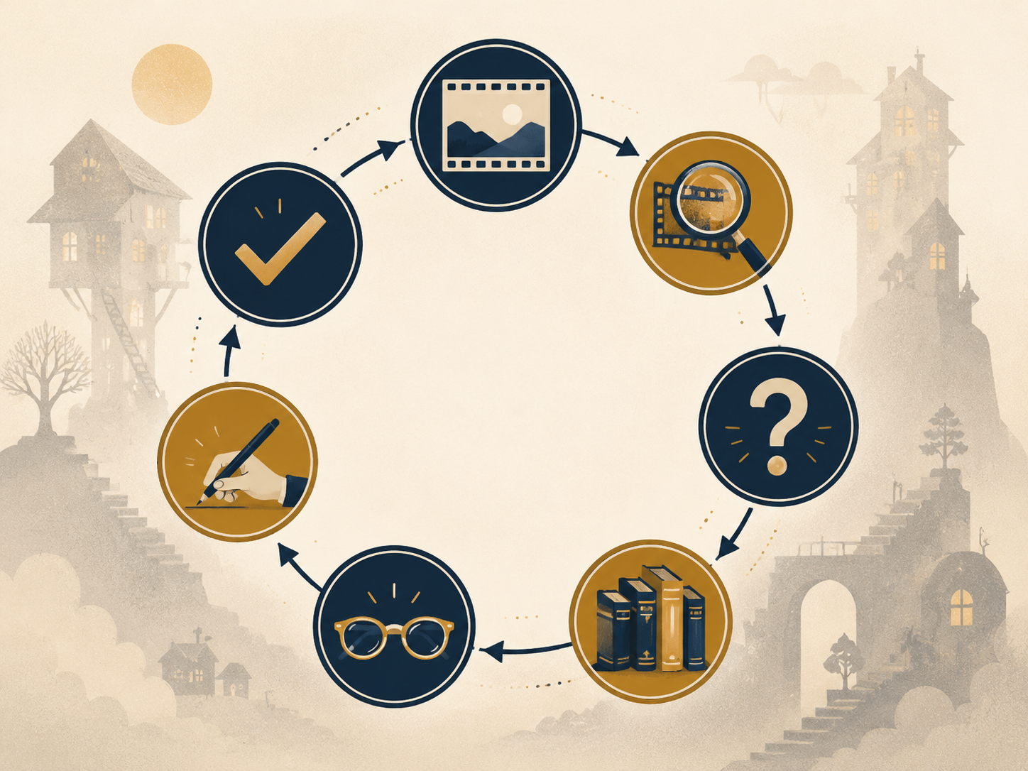 Seven-step circular workflow diagram for film analysis
