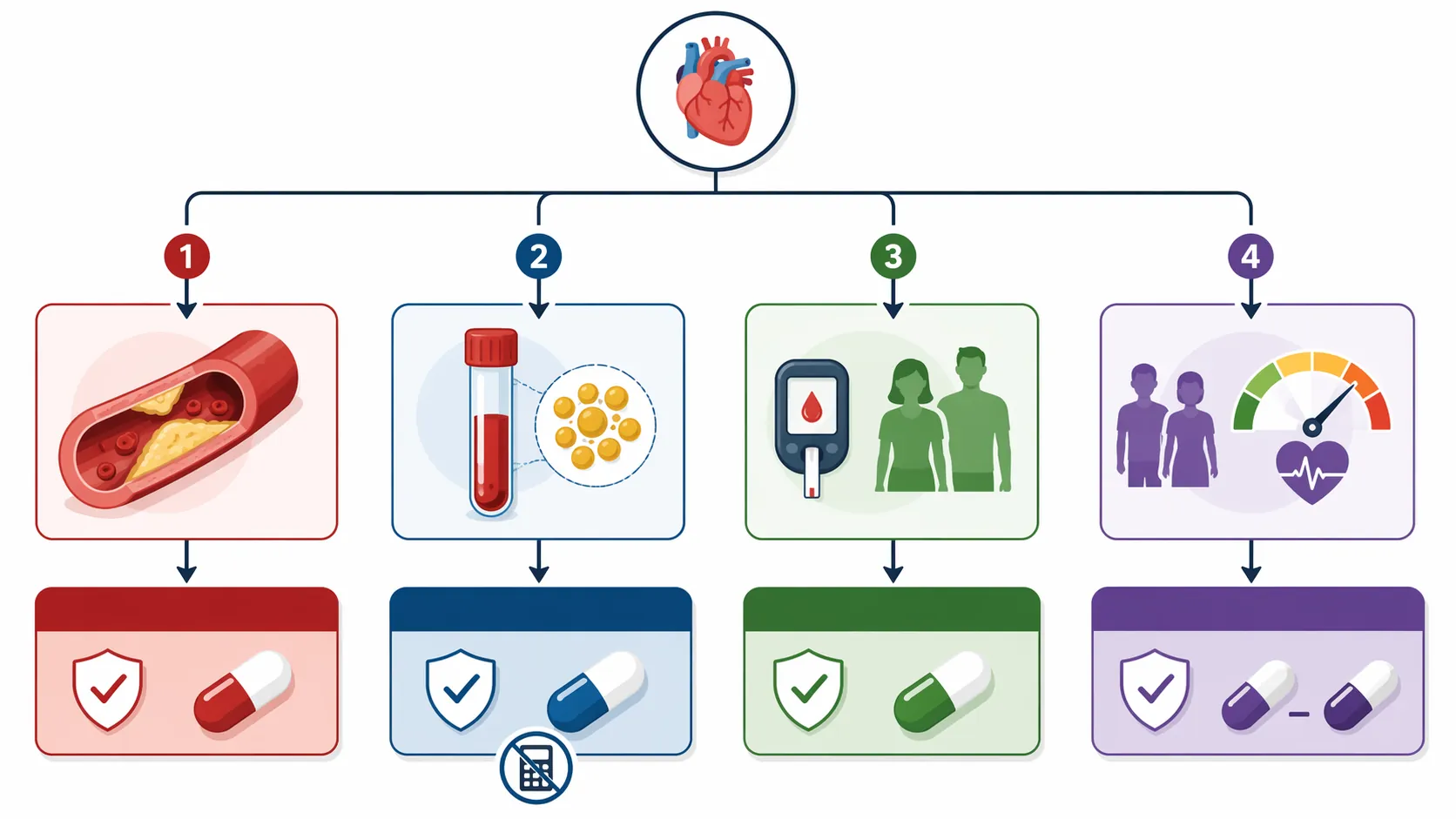 Flowchart of the four statin eligibility pathways: clinical ASCVD, LDL ≥190, diabetes age 40–75, and primary prevention with elevated risk