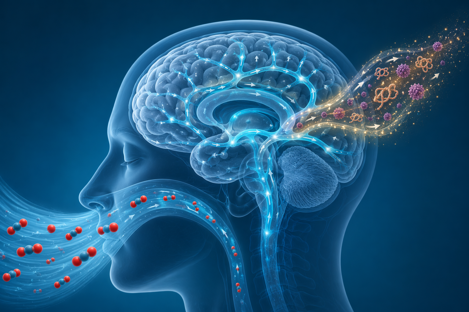Translucent brain with CO2 molecules entering through a breathing stream and cleared protein particles moving along glymphatic pathways
