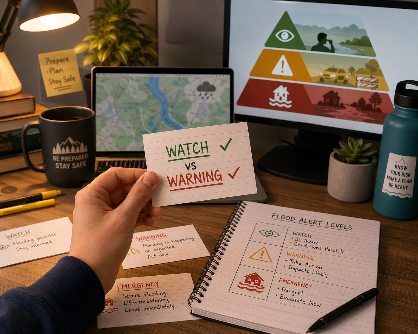 Student desk with laptop, flood safety notes, and flashcards labeled WATCH vs WARNING