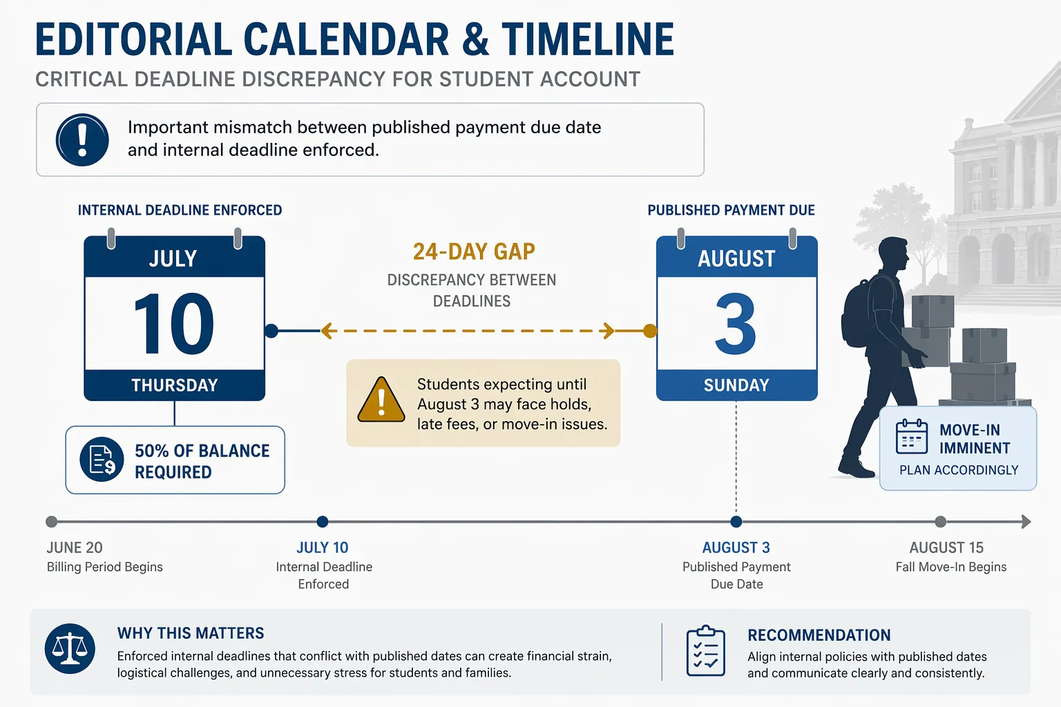 Timeline illustration showing a July 10 internal deadline and an August 3 published payment due date