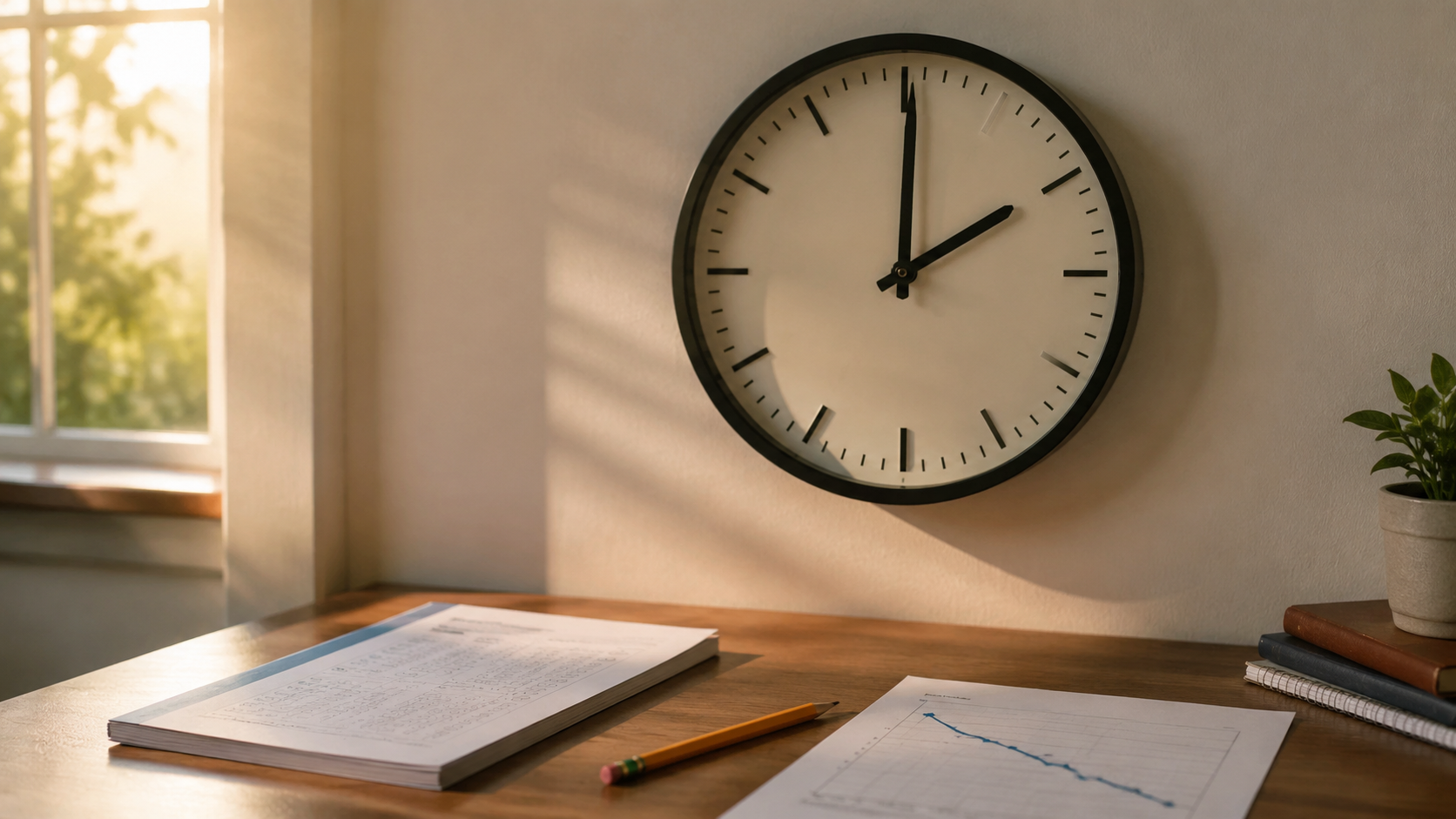 Analog wall clock above an SAT test booklet and score report on a desk