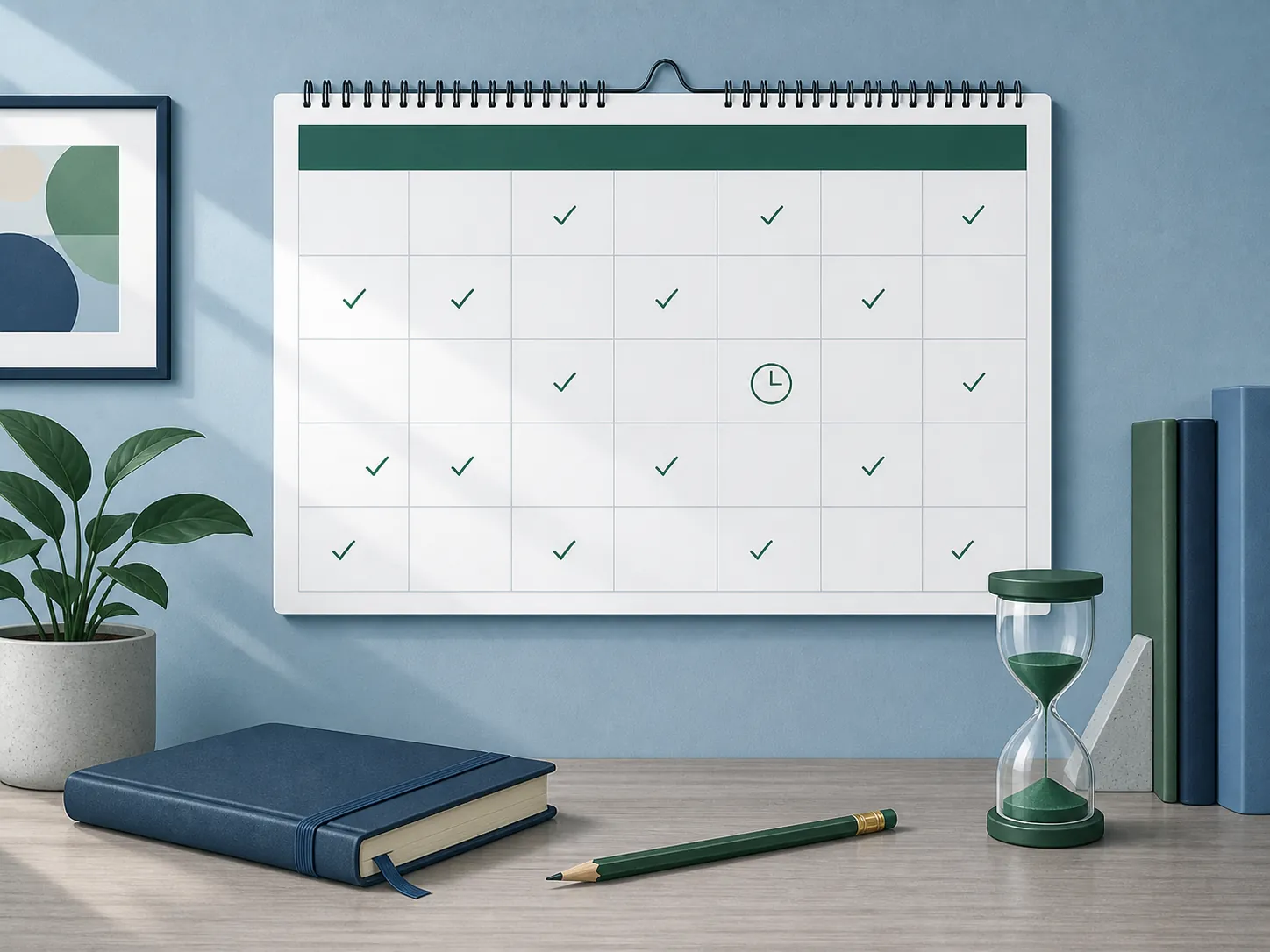 Test-prep desk with calendar checkmarks showing practice spread over time