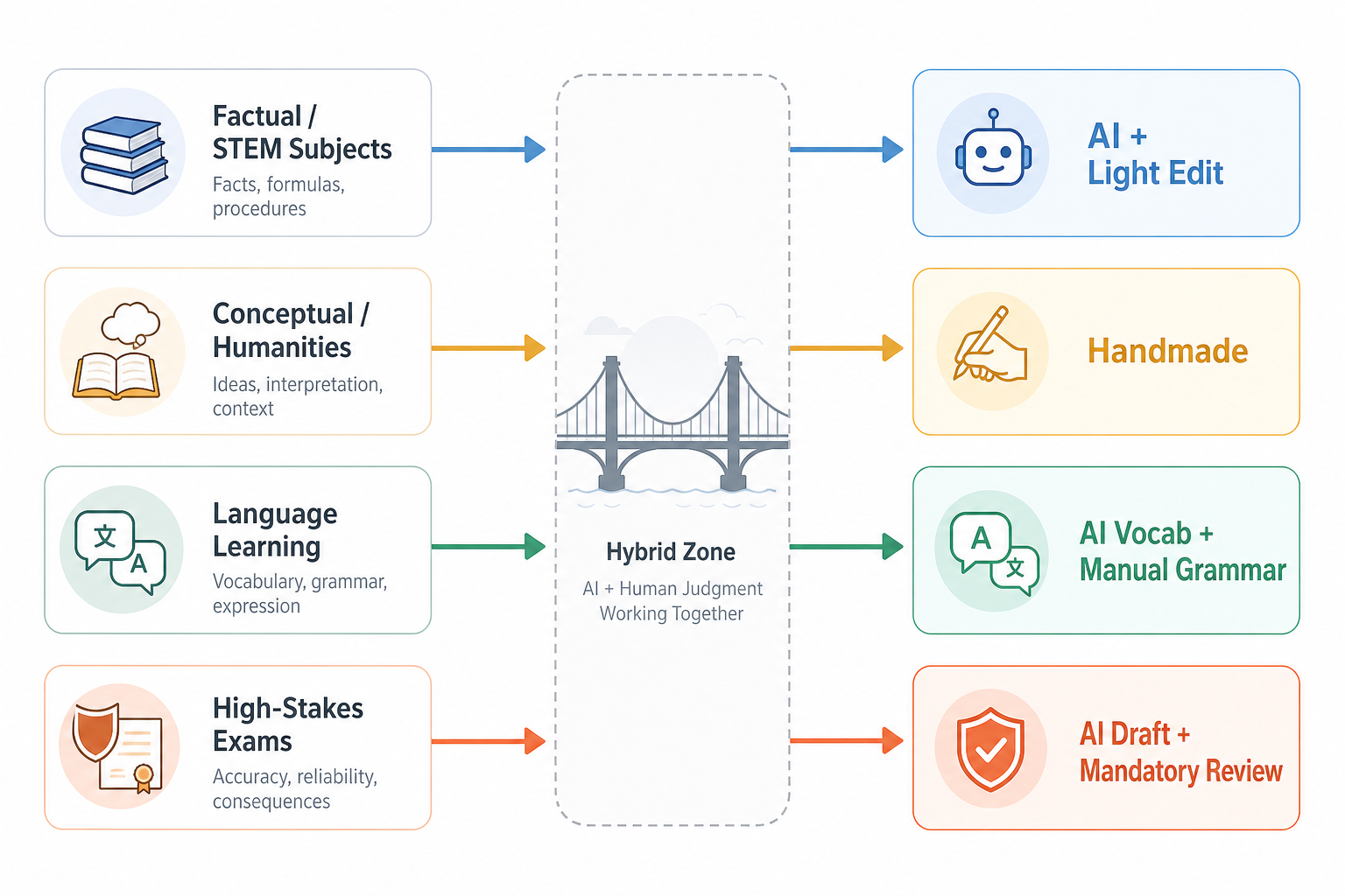 Decision framework diagram showing four subject-type rows branching to color-coded recommended methods: factual and STEM subjects to AI plus light edit, conceptual and humanities to handmade, language learning to a combined approach, and high-stakes professional exams to AI draft plus mandatory review.