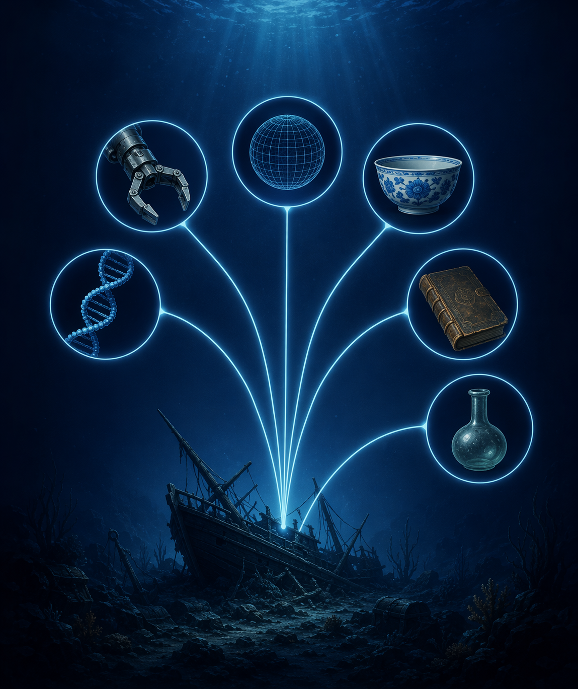 Infographic showing research methods connected to a deep-ocean shipwreck