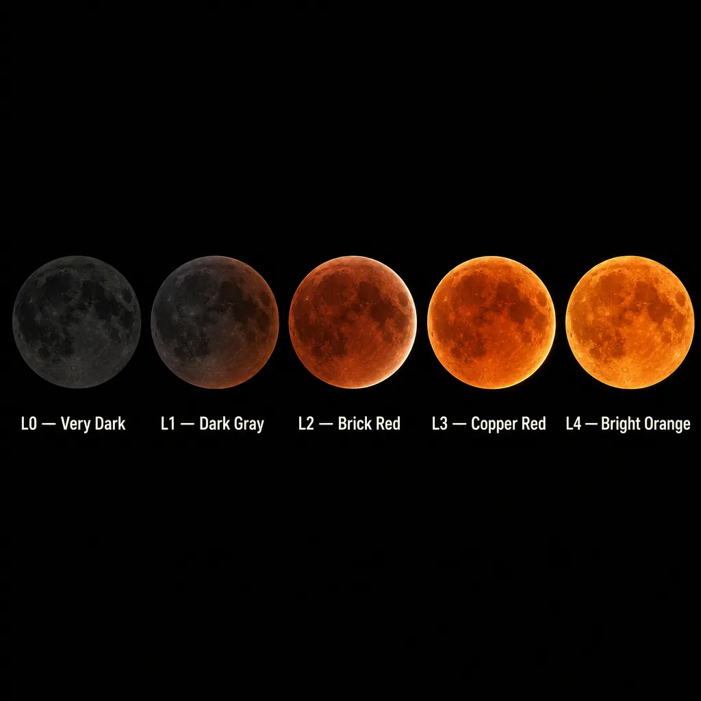 Danjon Scale infographic showing lunar eclipse brightness levels from L0 very dark to L4 bright orange