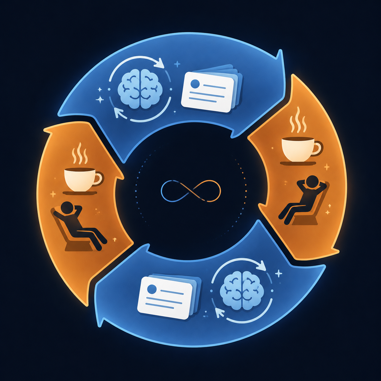 A circular active recall and break cycle with flashcards, a brain icon, coffee, and rest icons