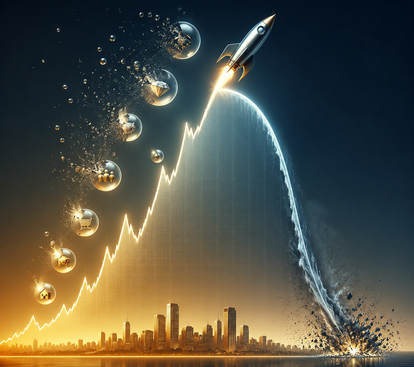 A rocket-shaped financial chart rises through speculative bubbles before curving sharply downward