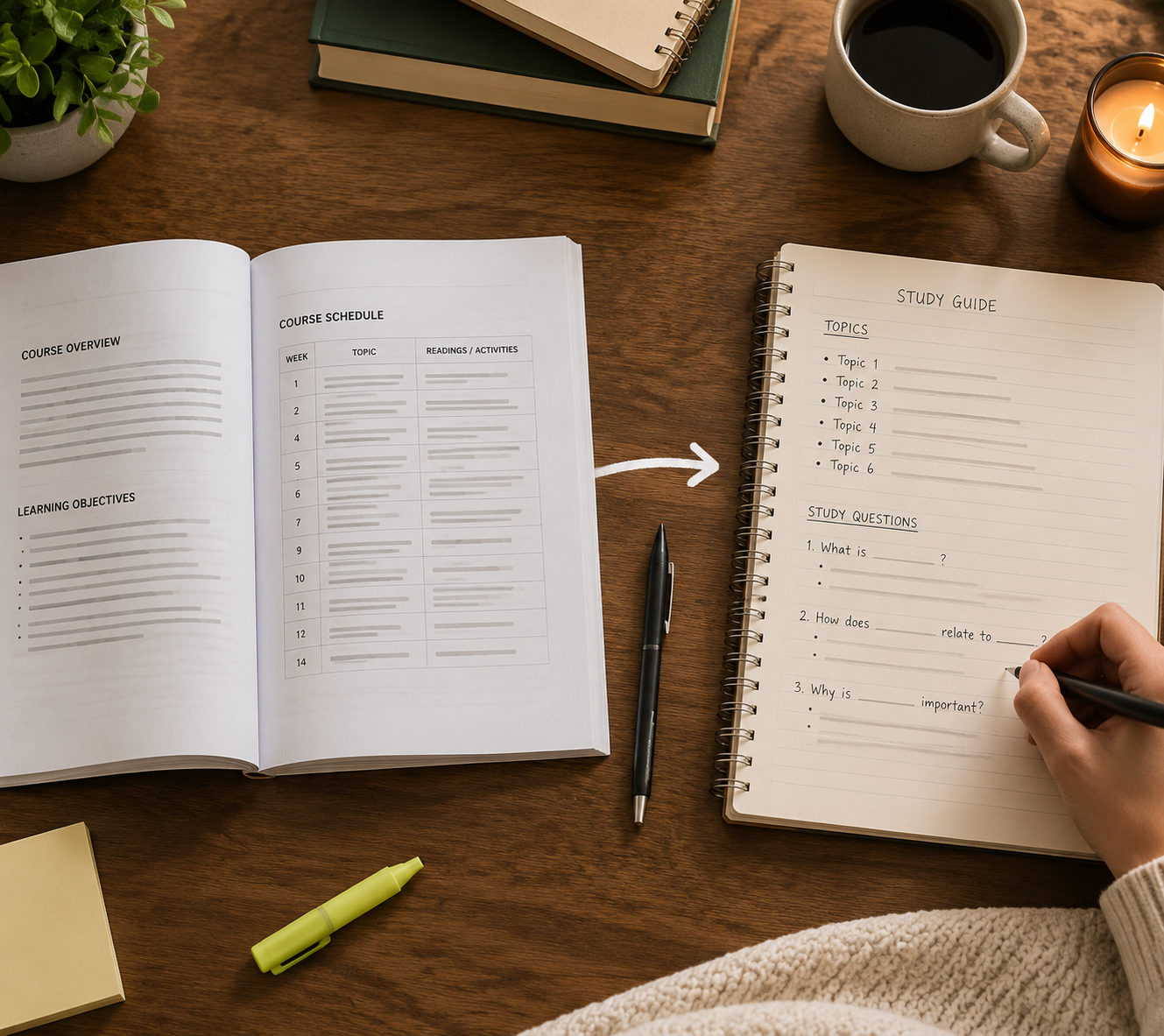 Open printed syllabus next to a handwritten study guide notebook