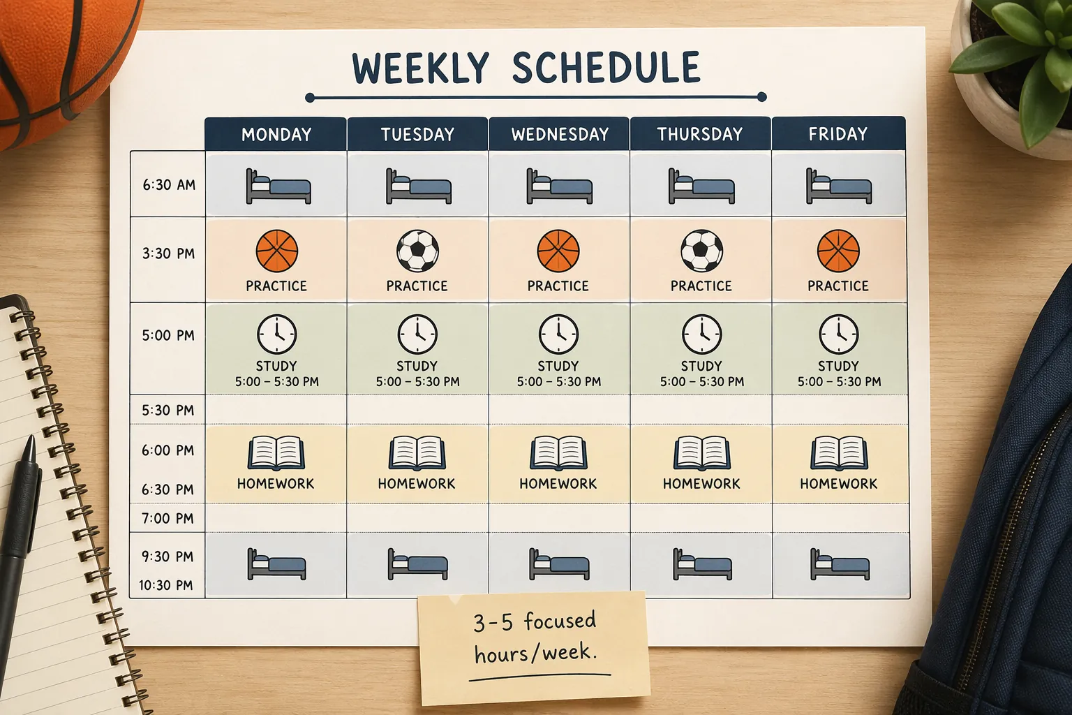 Weekly calendar showing practice, homework, sleep, and consistent 30-minute study blocks