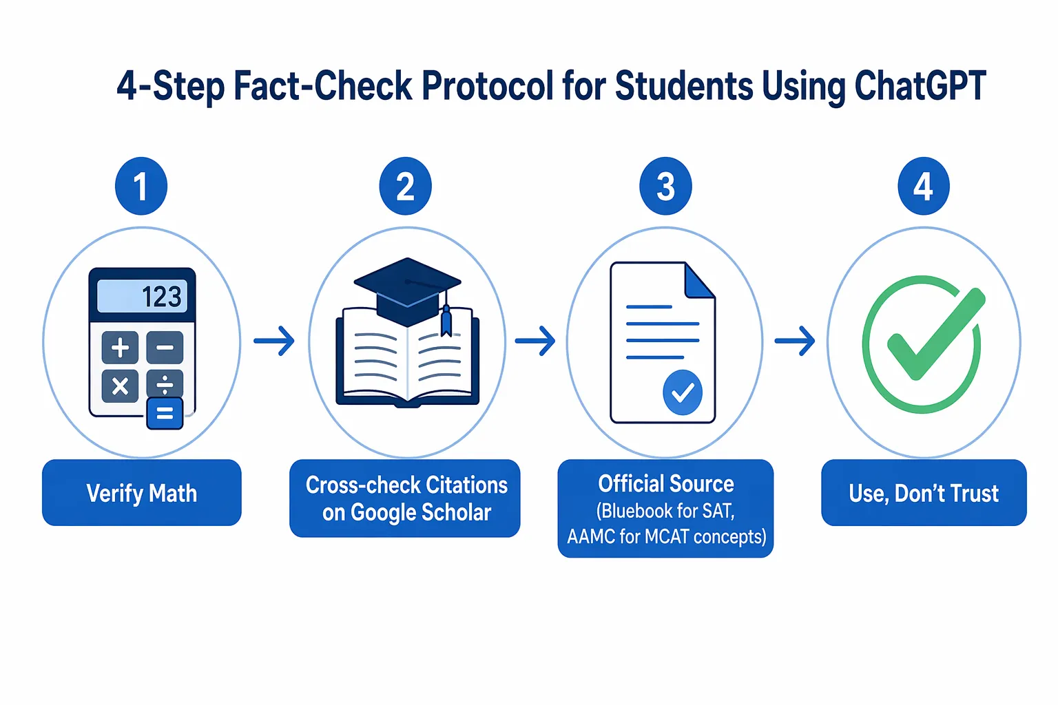 Four-step study verification workflow showing math verification, citation cross-checking, official sources, and cautious use