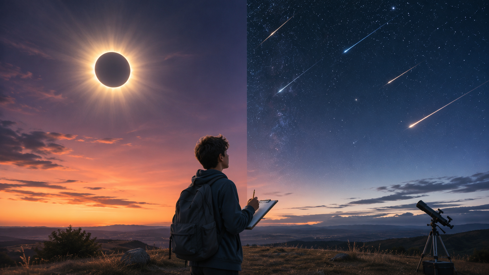 Student with a clipboard looking up at a sky divided between a total solar eclipse and meteor streaks