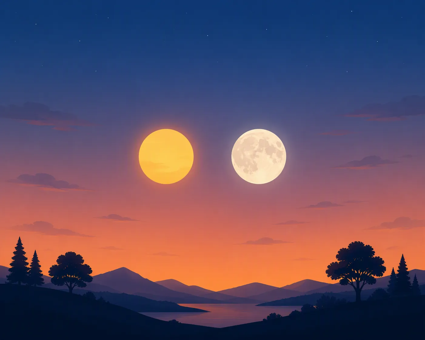 Flat-vector illustration of the Sun and Moon appearing as similar-sized discs in the sky above a dark landscape