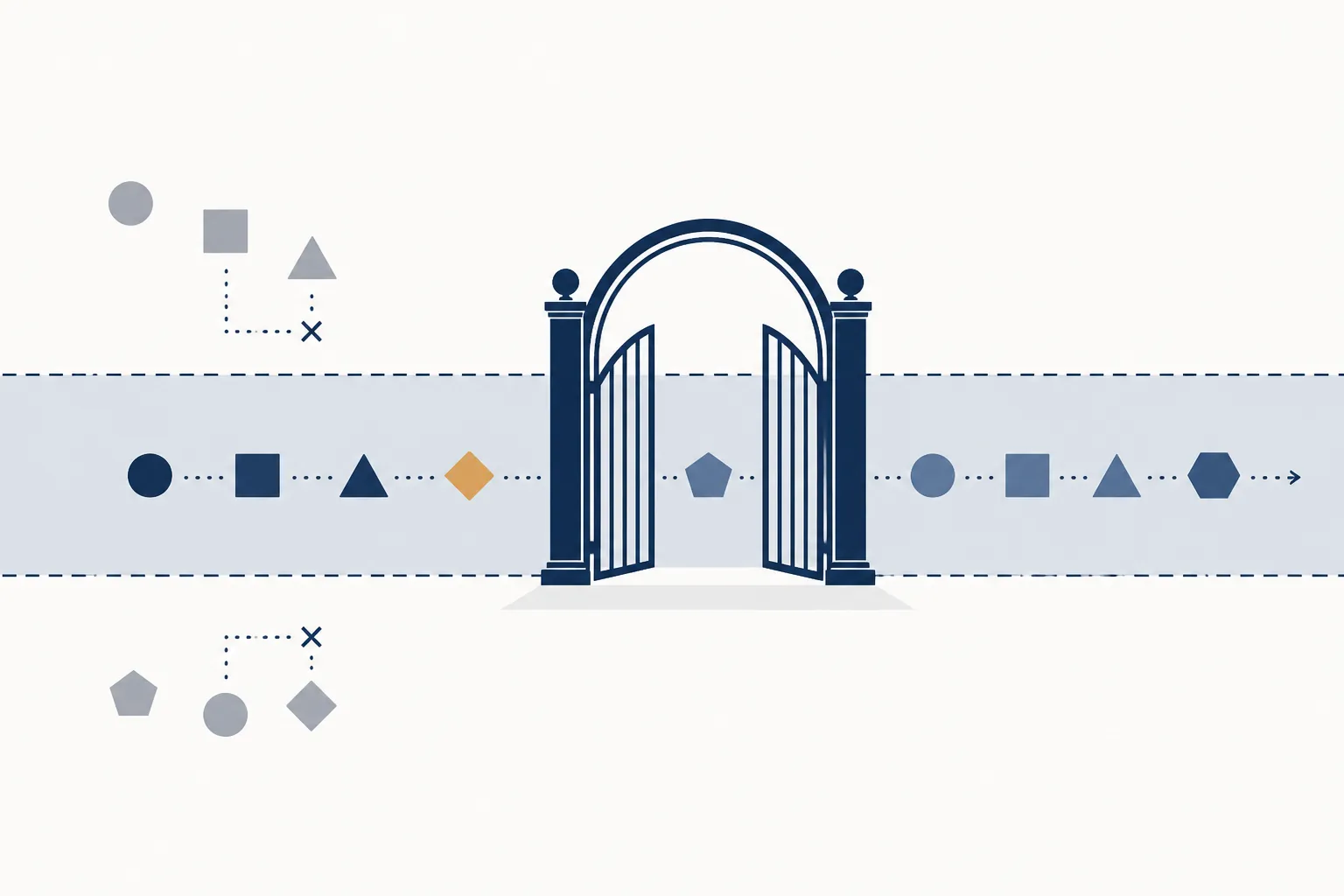 Stylized gate illustration showing some shapes passing through and others stopping before the gate