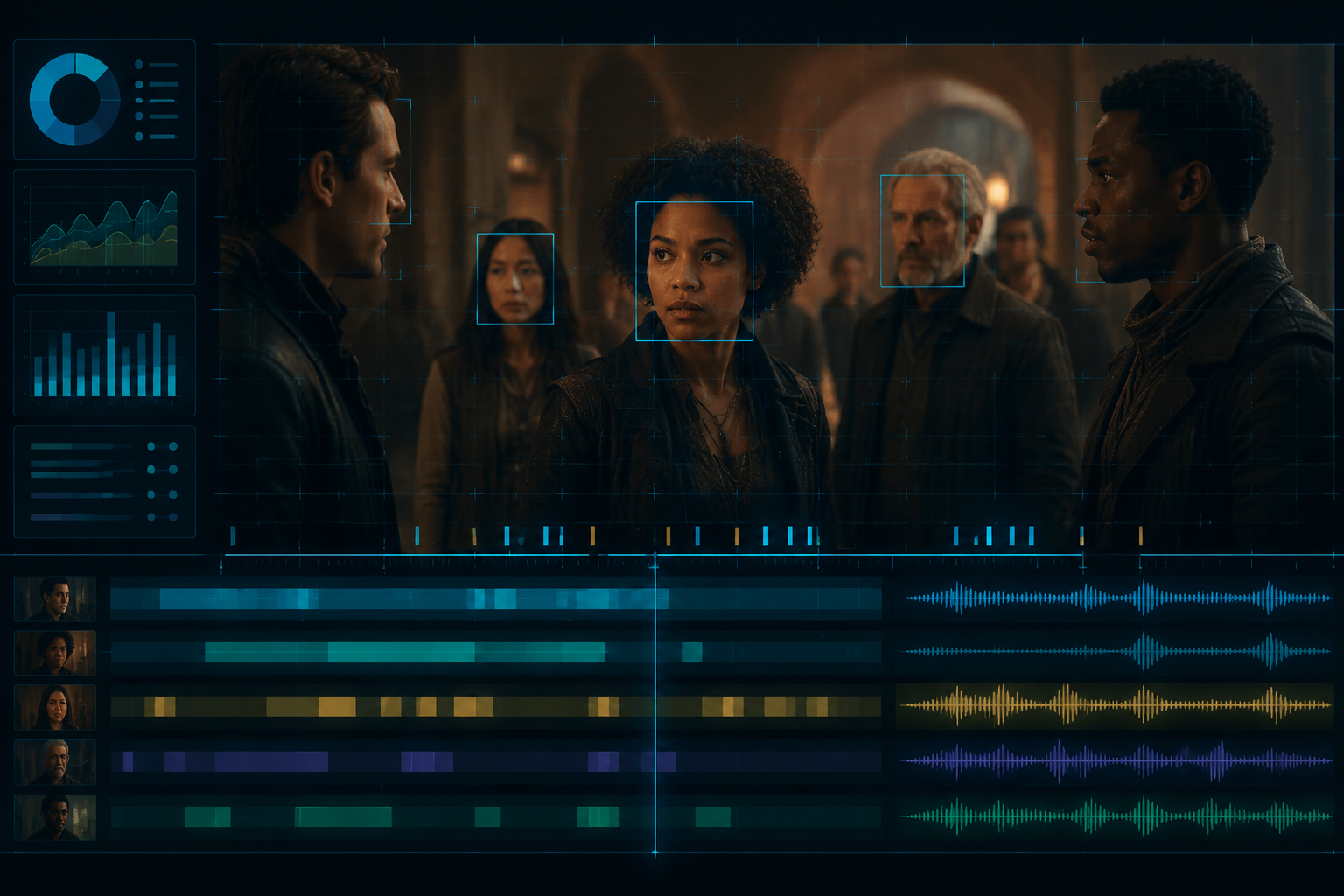 Film scene with facial recognition boxes, timeline markers, and data bars representing AI measurement of screen time and speaking time