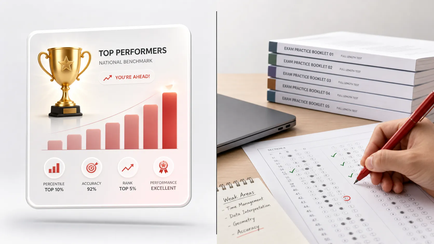 Leaderboard card beside a graded exam answer sheet with one red circled error
