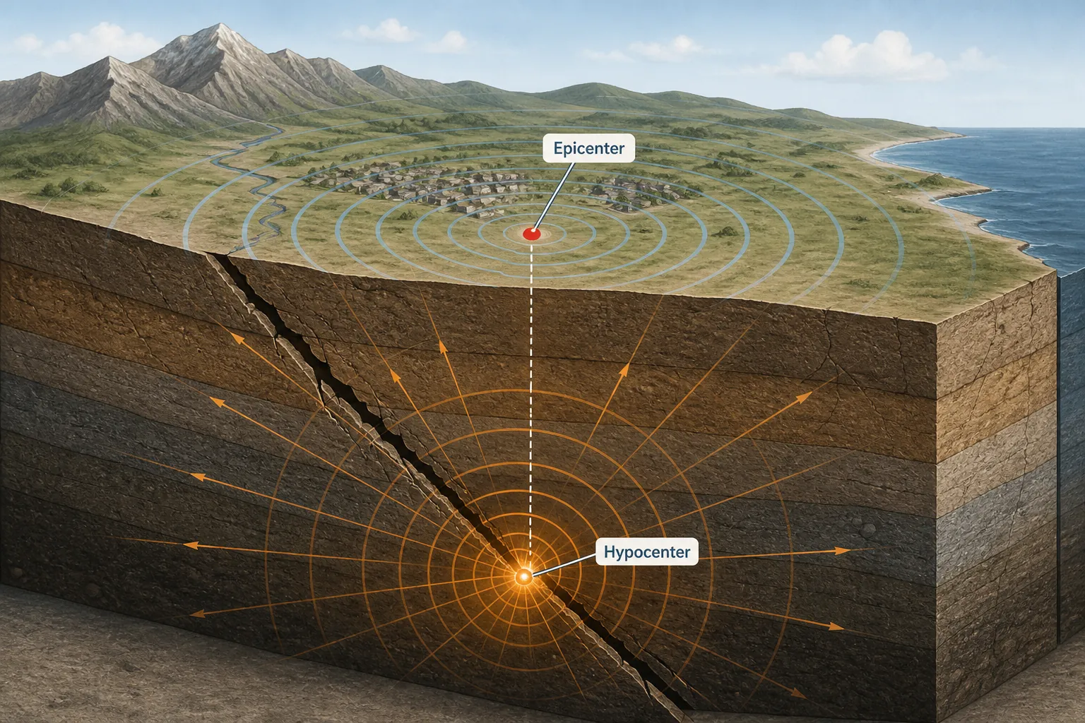 Earthquake diagram showing an underground hypocenter, surface epicenter, and seismic waves spreading outward