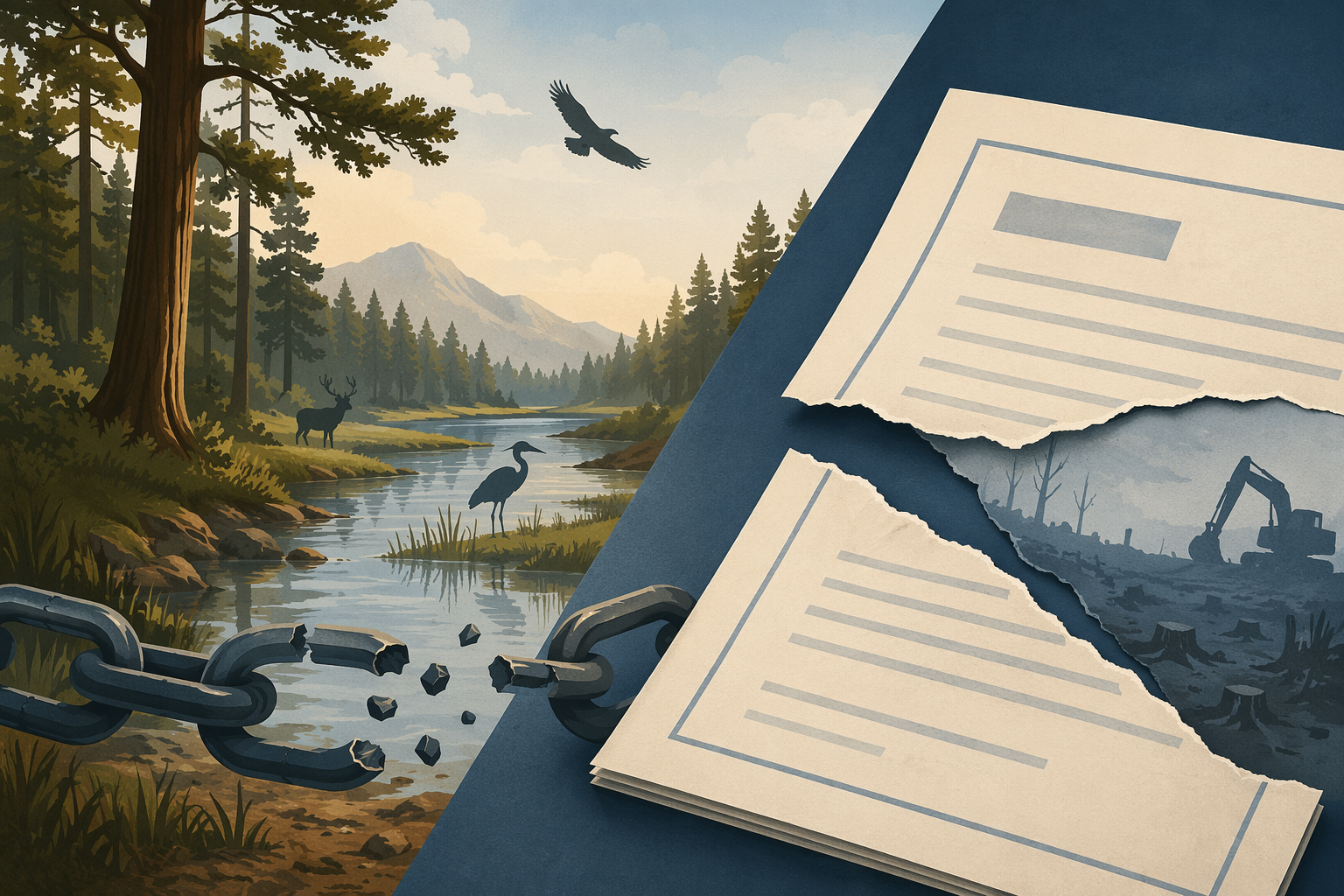 Habitat scene with legal documents and a broken chain