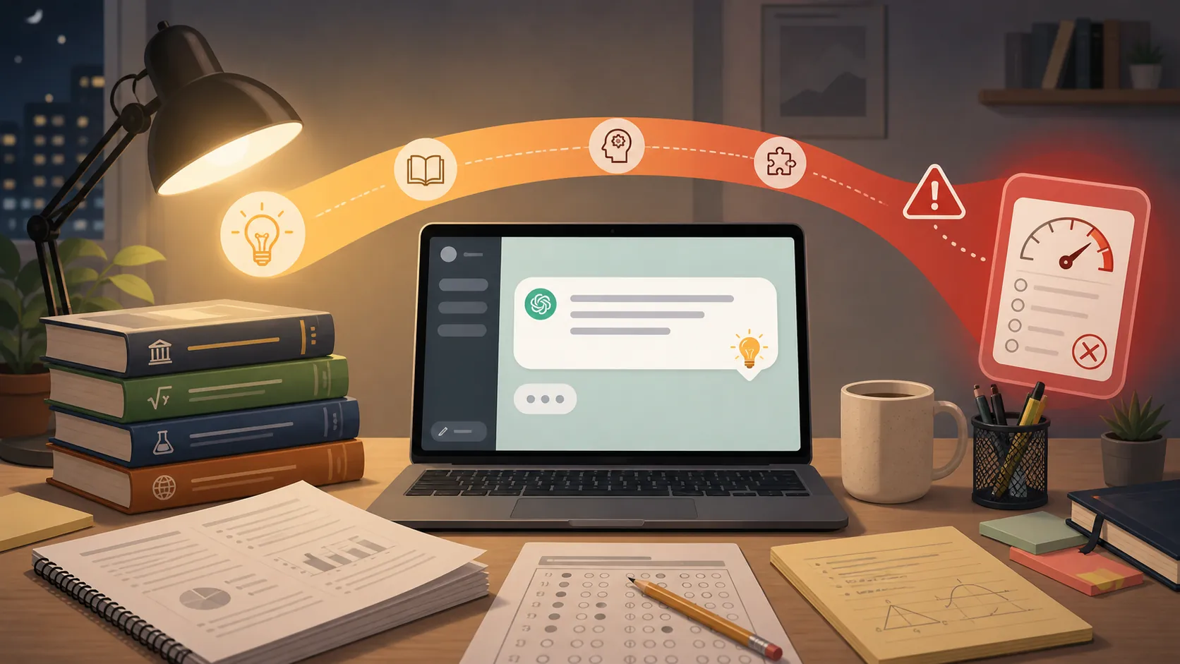 Late-night study desk with official test prep books, practice exams, and a laptop chat interface beside a warning-colored scorecard
