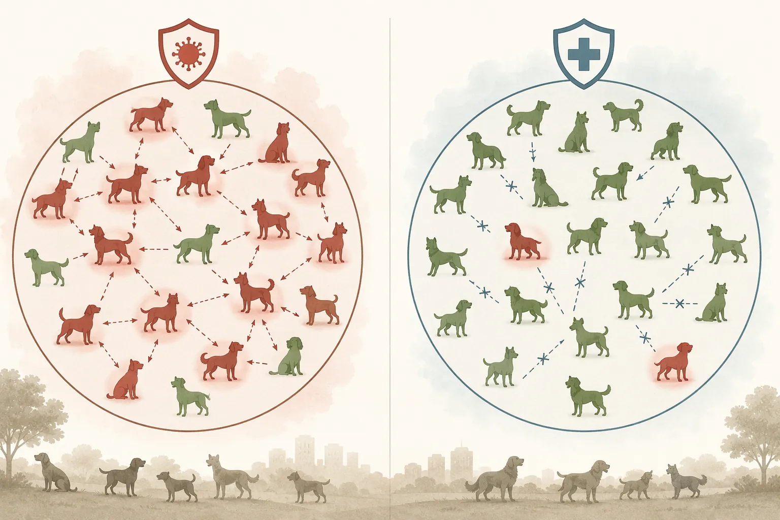 Canine herd immunity infographic showing low vaccination coverage with disease spread and high coverage blocking transmission