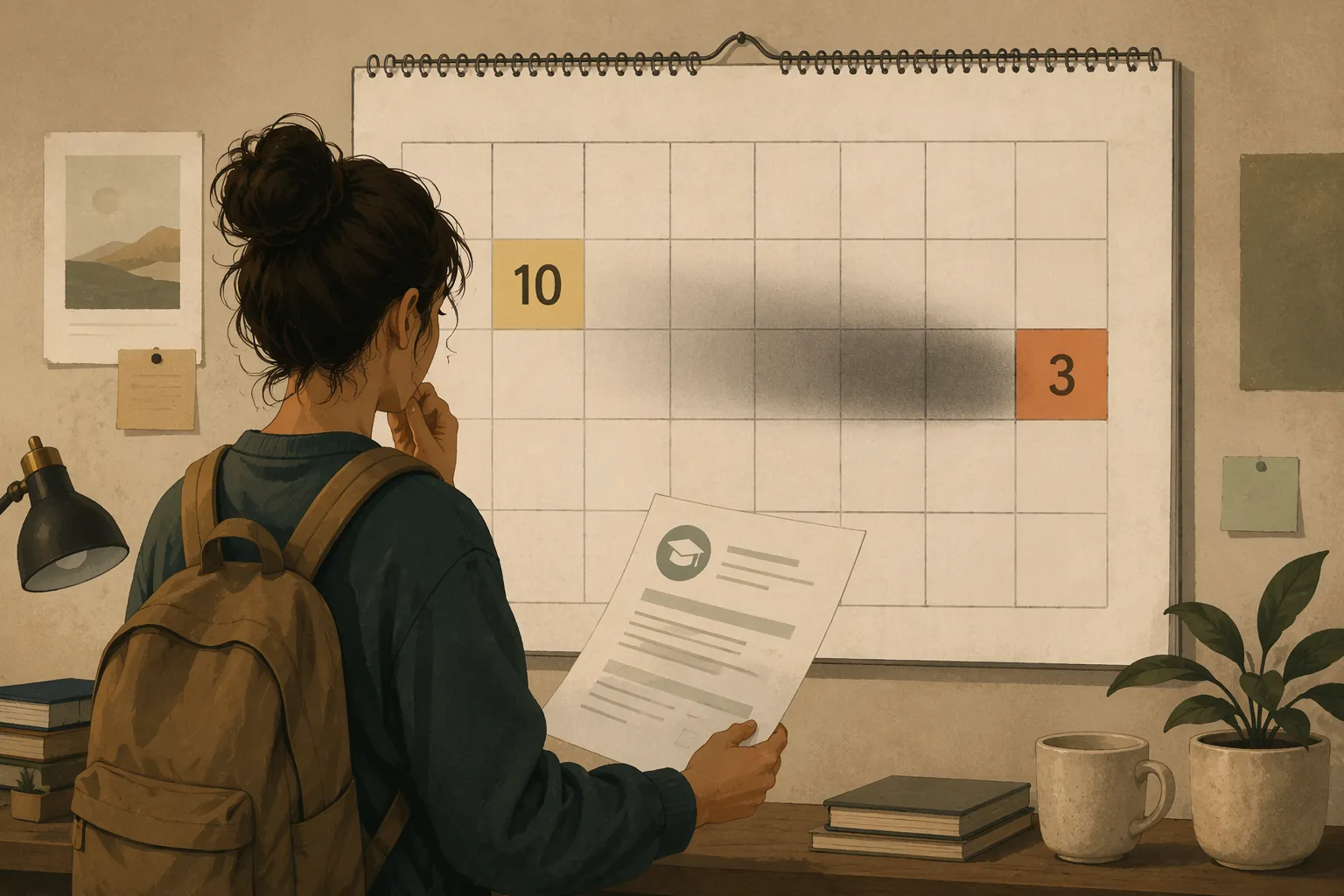 Student holding a financial aid document in front of a calendar with July 10 and August 3 highlighted