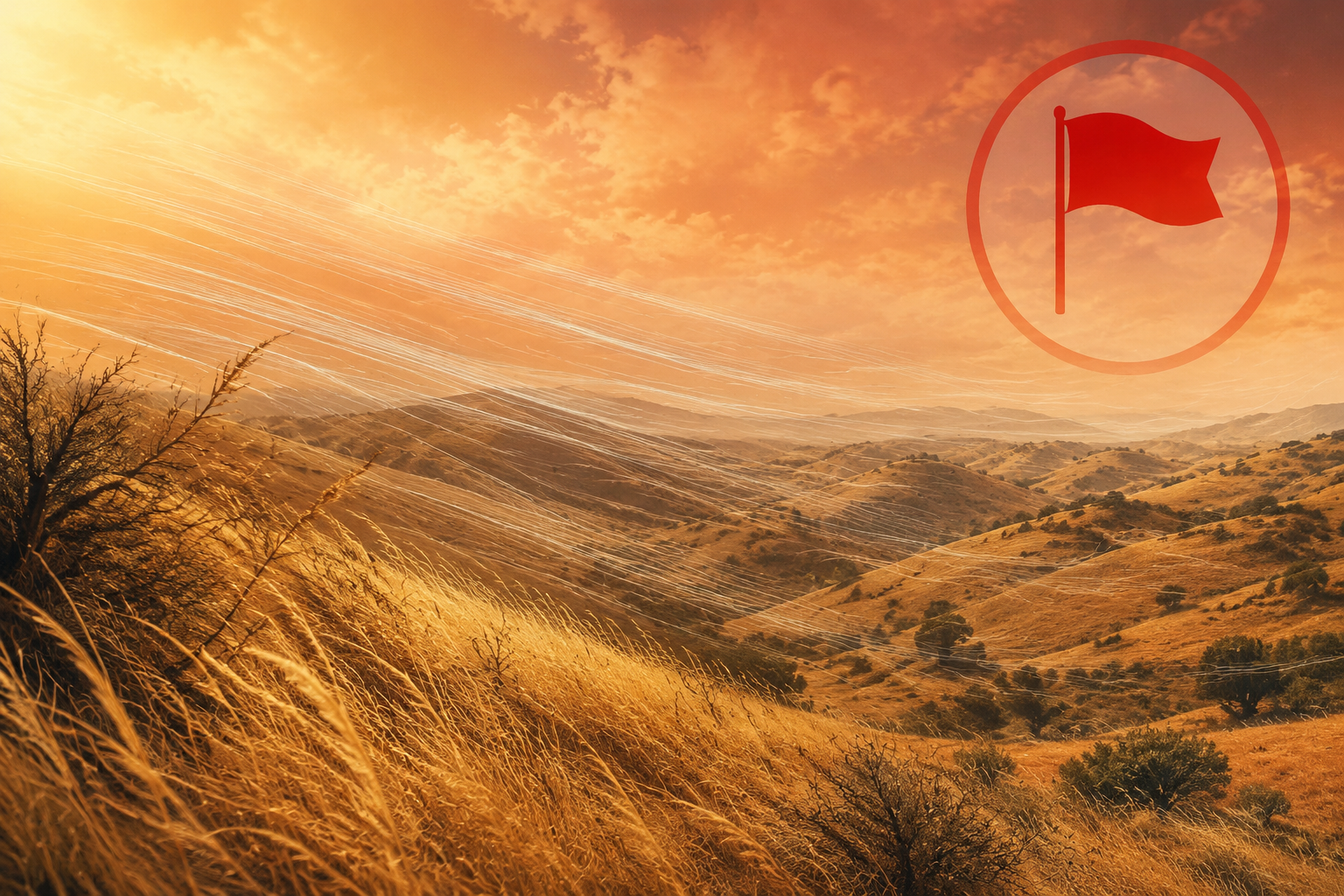 Dry golden hills under a hot amber sky with wind moving across grass and brush and a subtle red flag warning symbol