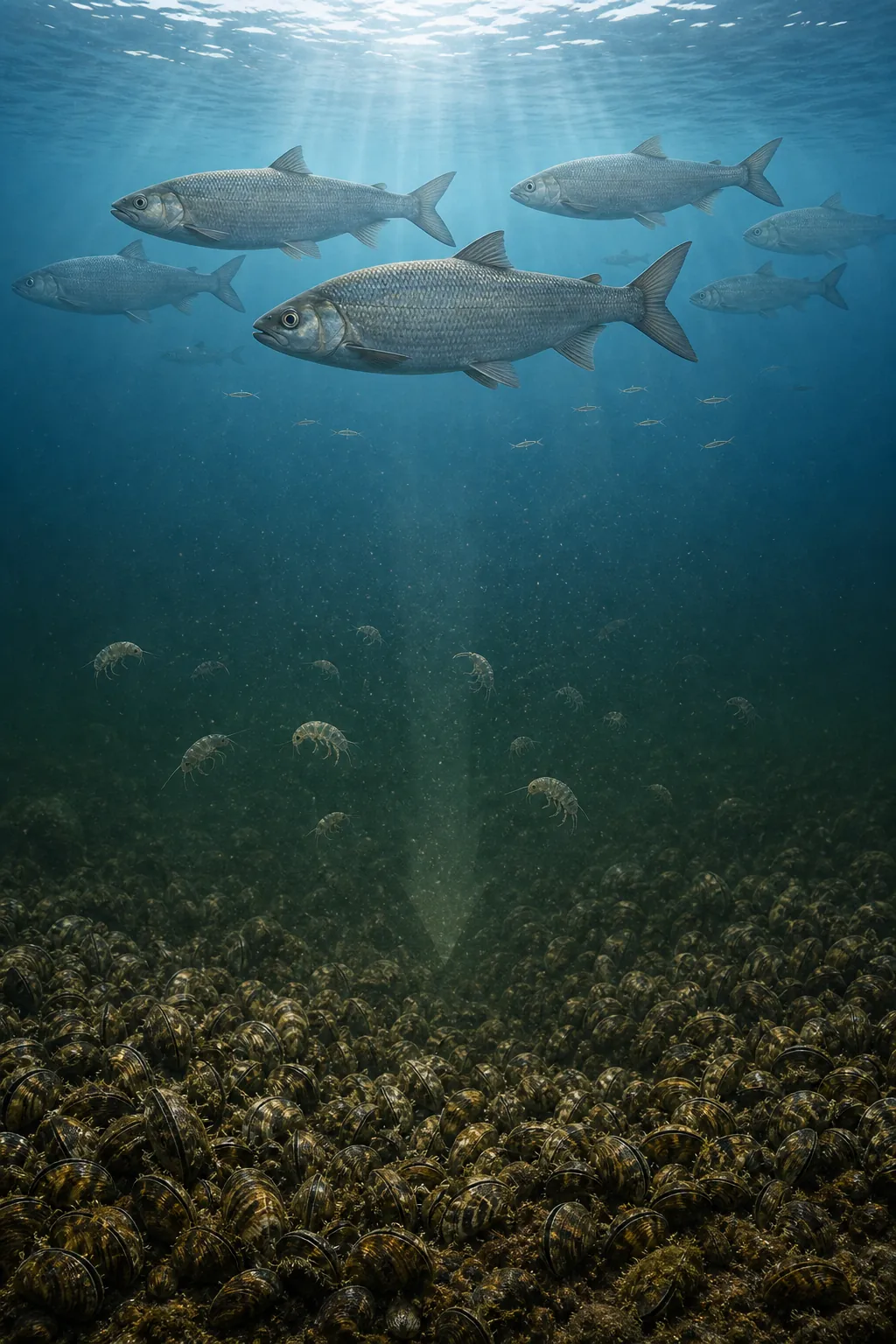 Underwater Great Lakes food web with quagga mussels on the lakebed, fewer Diporeia amphipods, and mostly adult lake whitefish above