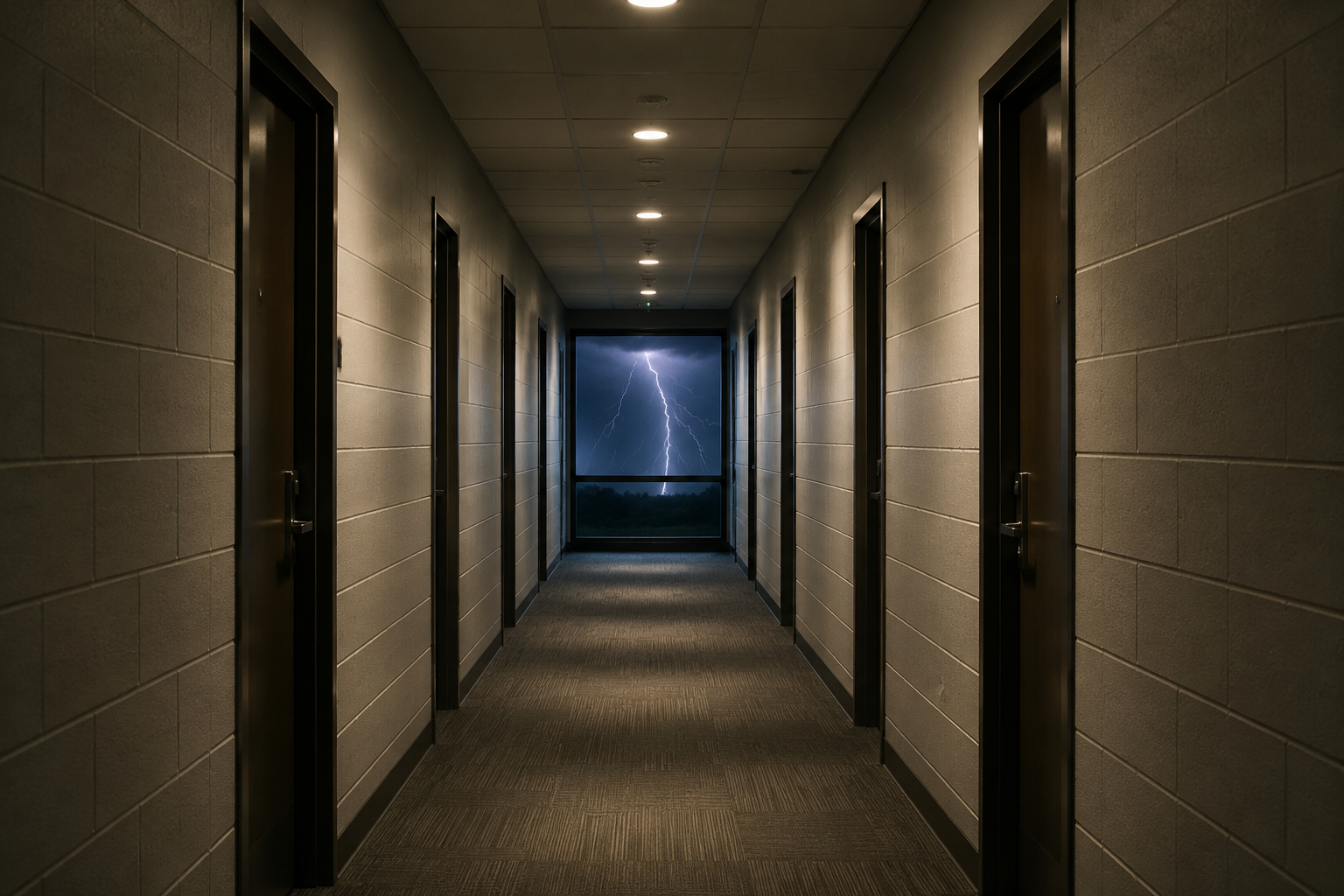 Interior dormitory hallway with storm clouds visible through a distant window